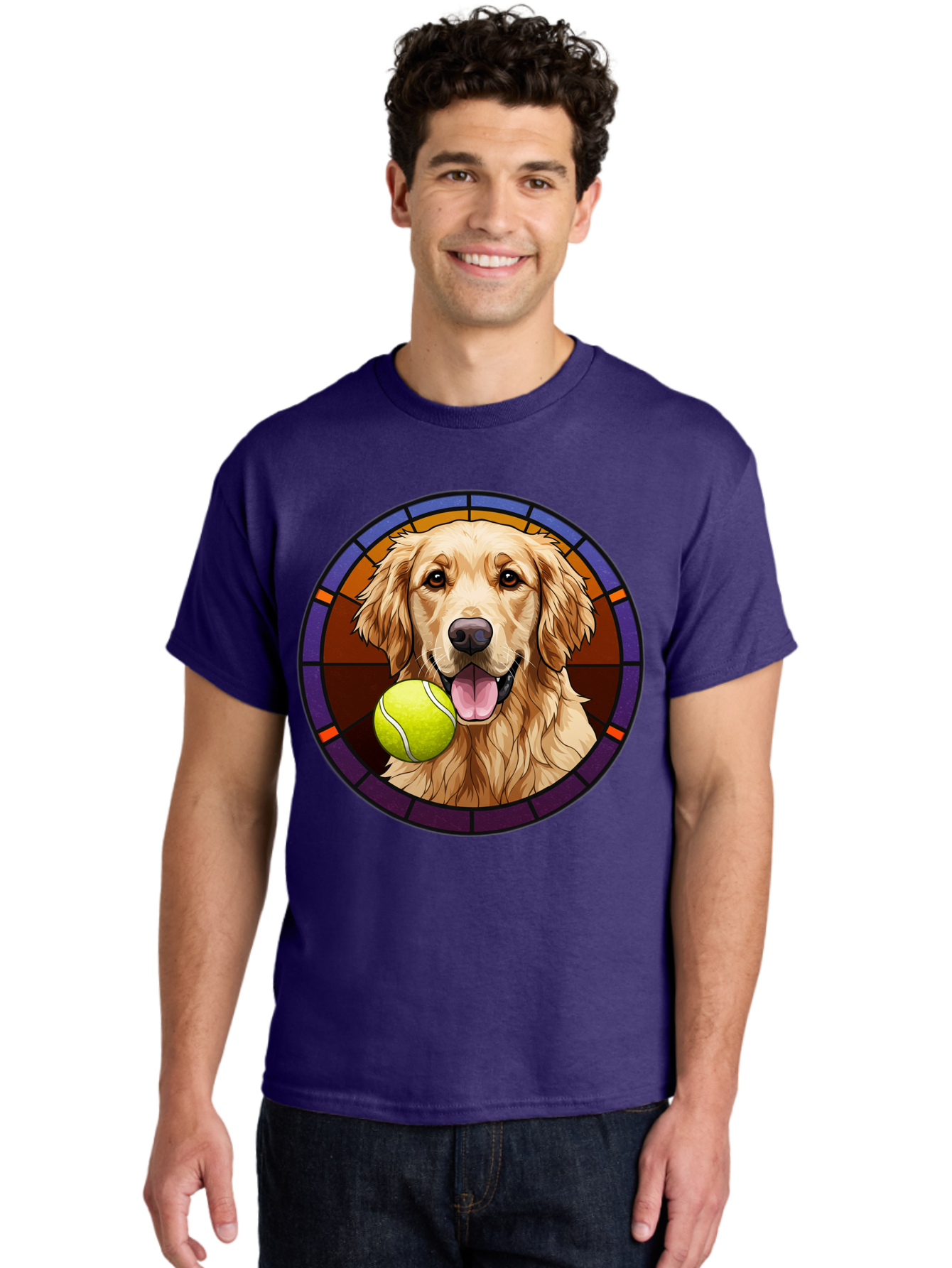 Golden-Retriever-Tennis-Ball-1 Men'S Graphic Tee, 100% Cotton, Comfortable Casual Summer Wear, Machine Washable, Golden Retriever, Tennis Ball, Stained Glass Art, Playful Dog, Fetching Fun, Happy Pet, Dog Lover, Cute Canine Bab997 25