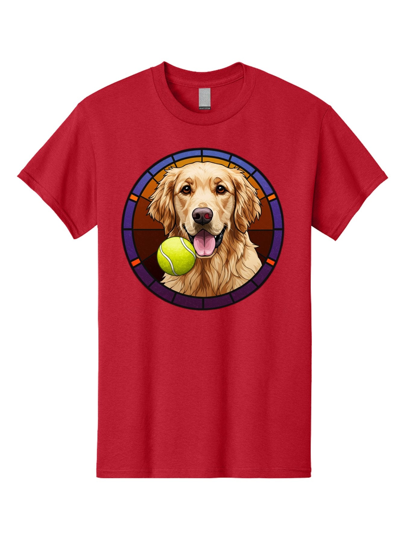 Golden-Retriever-Tennis-Ball-1 Men'S Graphic Tee, 100% Cotton, Comfortable Casual Summer Wear, Machine Washable, Golden Retriever, Tennis Ball, Stained Glass Art, Playful Dog, Fetching Fun, Happy Pet, Dog Lover, Cute Canine Bab997 13