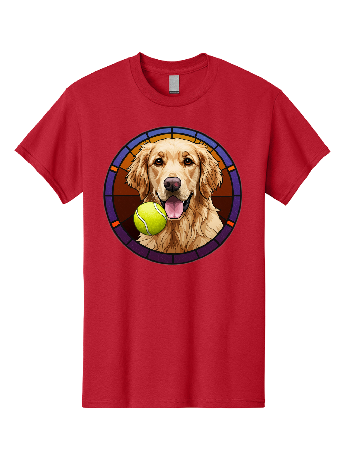Golden-Retriever-Tennis-Ball-1 Men'S Graphic Tee, 100% Cotton, Comfortable Casual Summer Wear, Machine Washable, Golden Retriever, Tennis Ball, Stained Glass Art, Playful Dog, Fetching Fun, Happy Pet, Dog Lover, Cute Canine Bab997 15