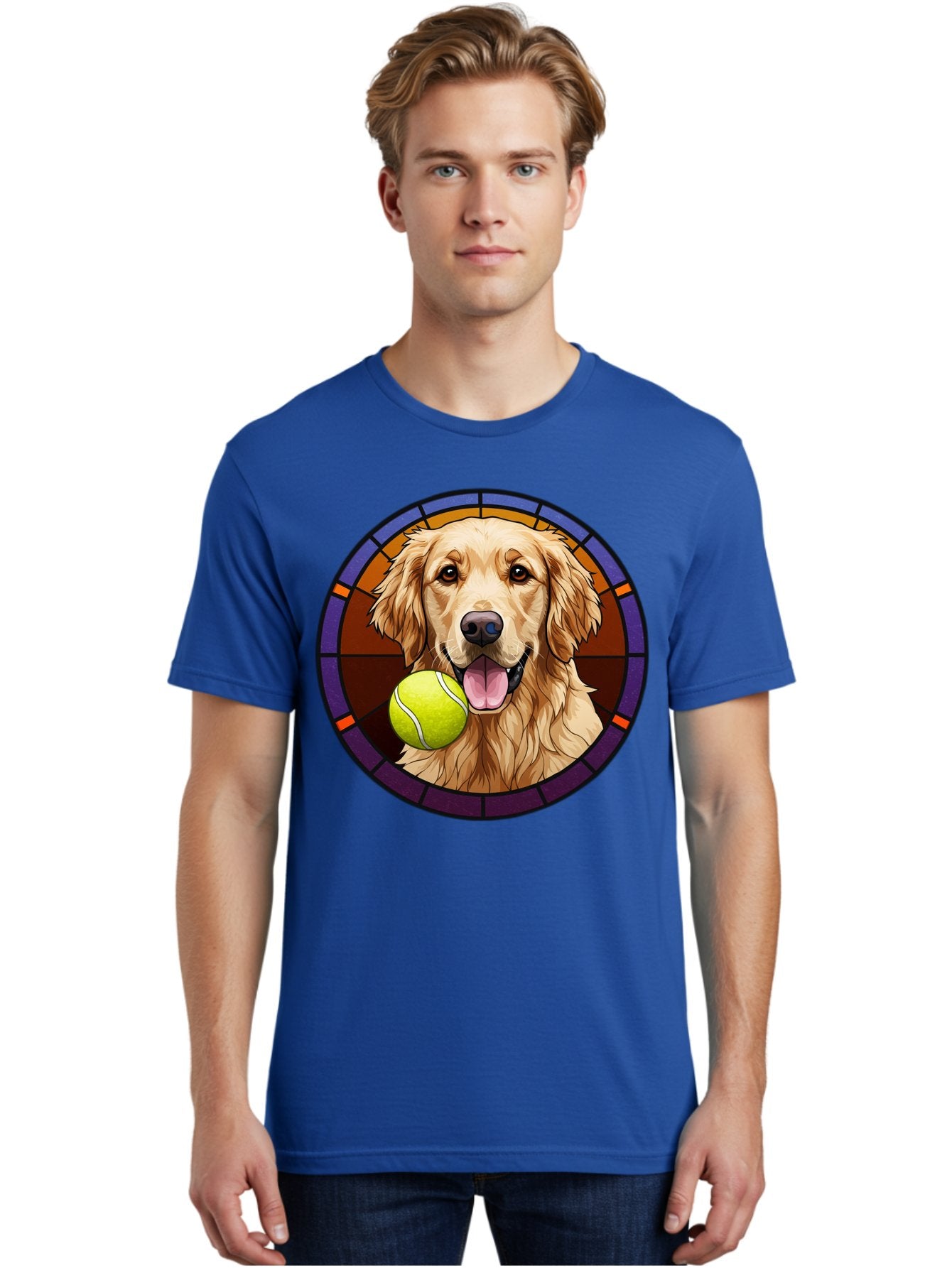 Golden-Retriever-Tennis-Ball-1 Men'S Graphic Tee, 100% Cotton, Comfortable Casual Summer Wear, Machine Washable, Golden Retriever, Tennis Ball, Stained Glass Art, Playful Dog, Fetching Fun, Happy Pet, Dog Lover, Cute Canine Bab997 24