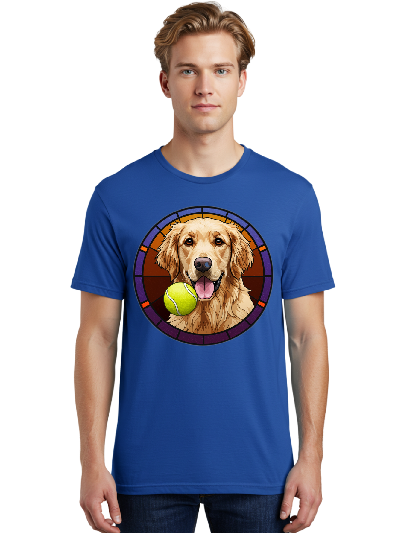 Golden-Retriever-Tennis-Ball-1 Men'S Graphic Tee, 100% Cotton, Comfortable Casual Summer Wear, Machine Washable, Golden Retriever, Tennis Ball, Stained Glass Art, Playful Dog, Fetching Fun, Happy Pet, Dog Lover, Cute Canine Bab997 22