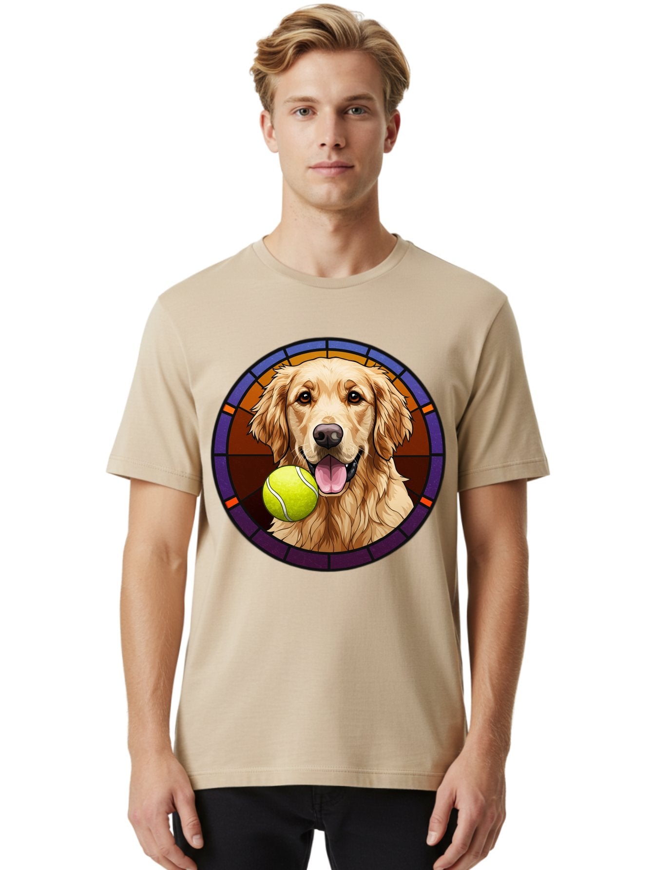 Golden-Retriever-Tennis-Ball-1 Men'S Graphic Tee, 100% Cotton, Comfortable Casual Summer Wear, Machine Washable, Golden Retriever, Tennis Ball, Stained Glass Art, Playful Dog, Fetching Fun, Happy Pet, Dog Lover, Cute Canine Bab997 25