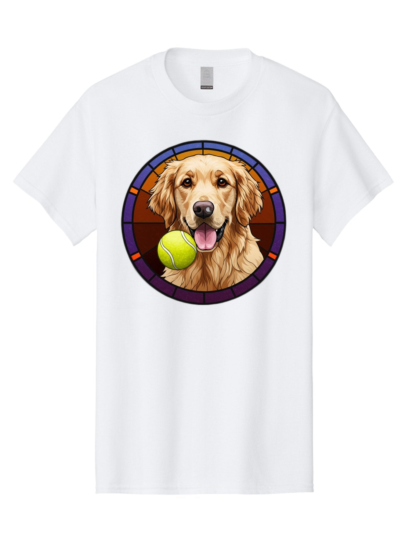 Golden-Retriever-Tennis-Ball-1 Men'S Graphic Tee, 100% Cotton, Comfortable Casual Summer Wear, Machine Washable, Golden Retriever, Tennis Ball, Stained Glass Art, Playful Dog, Fetching Fun, Happy Pet, Dog Lover, Cute Canine Bab997 5