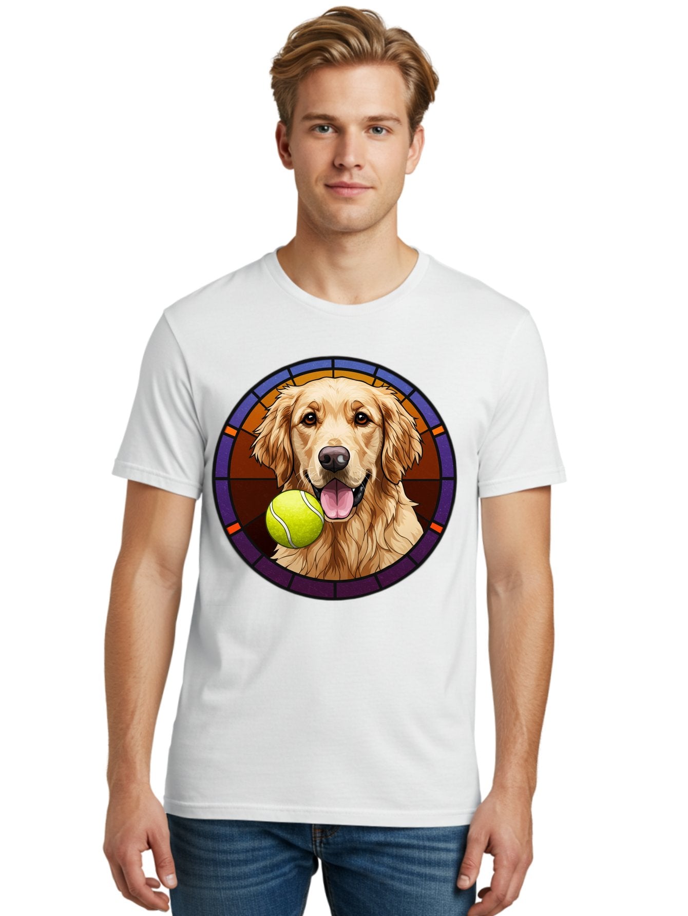 Golden-Retriever-Tennis-Ball-1 Men'S Graphic Tee, 100% Cotton, Comfortable Casual Summer Wear, Machine Washable, Golden Retriever, Tennis Ball, Stained Glass Art, Playful Dog, Fetching Fun, Happy Pet, Dog Lover, Cute Canine Bab997 23
