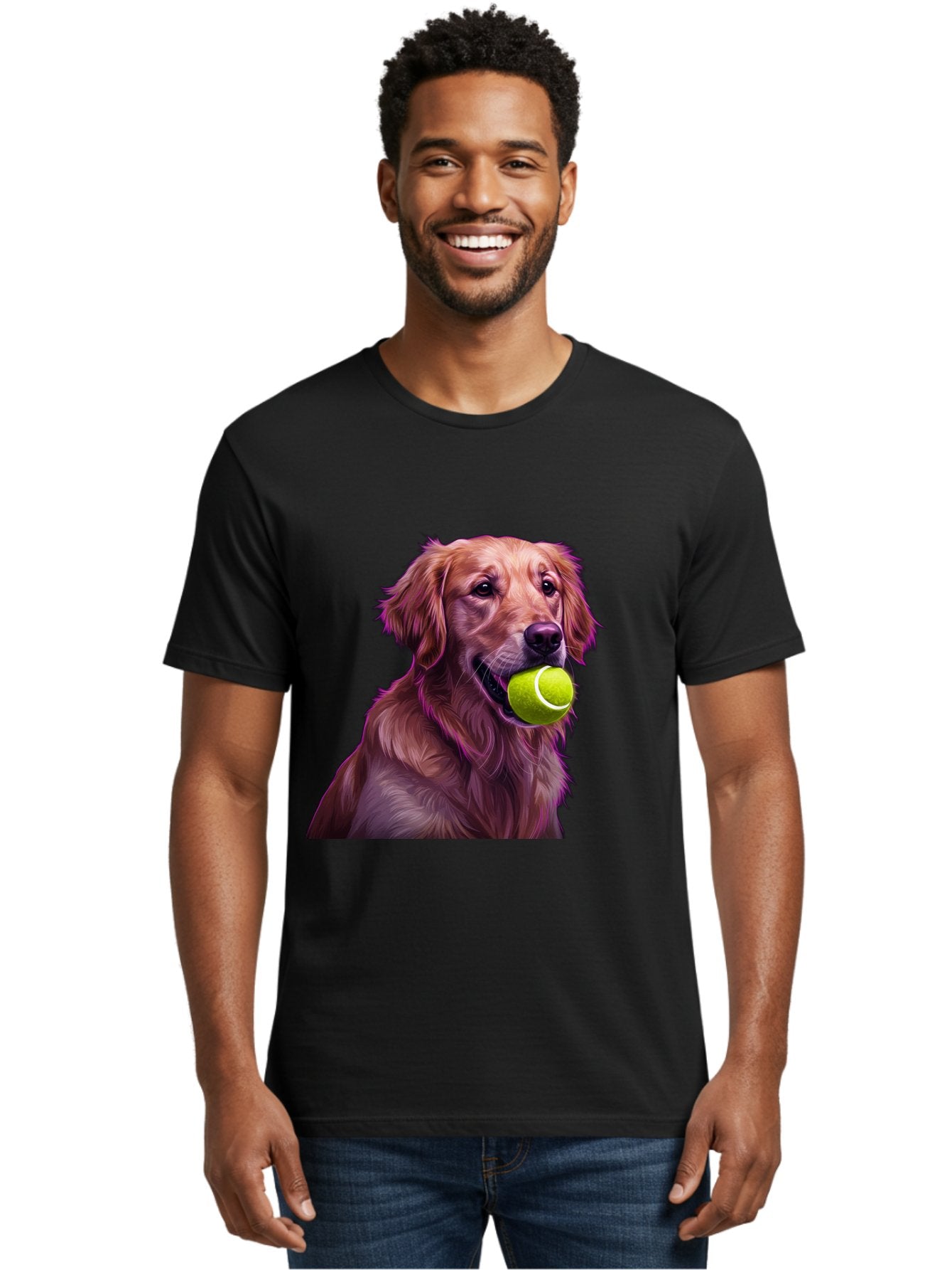 Golden-Retriever-Tennis-Ball Men'S Graphic Tee, 100% Cotton, Comfortable Casual Summer Wear, Machine Washable, Golden Retriever, Dog Holding Tennis Ball, Playful Dog, Tennis Ball In Mouth, Furry Friend, Happy Dog, Canine Companion, Fun Pet Bab998 27