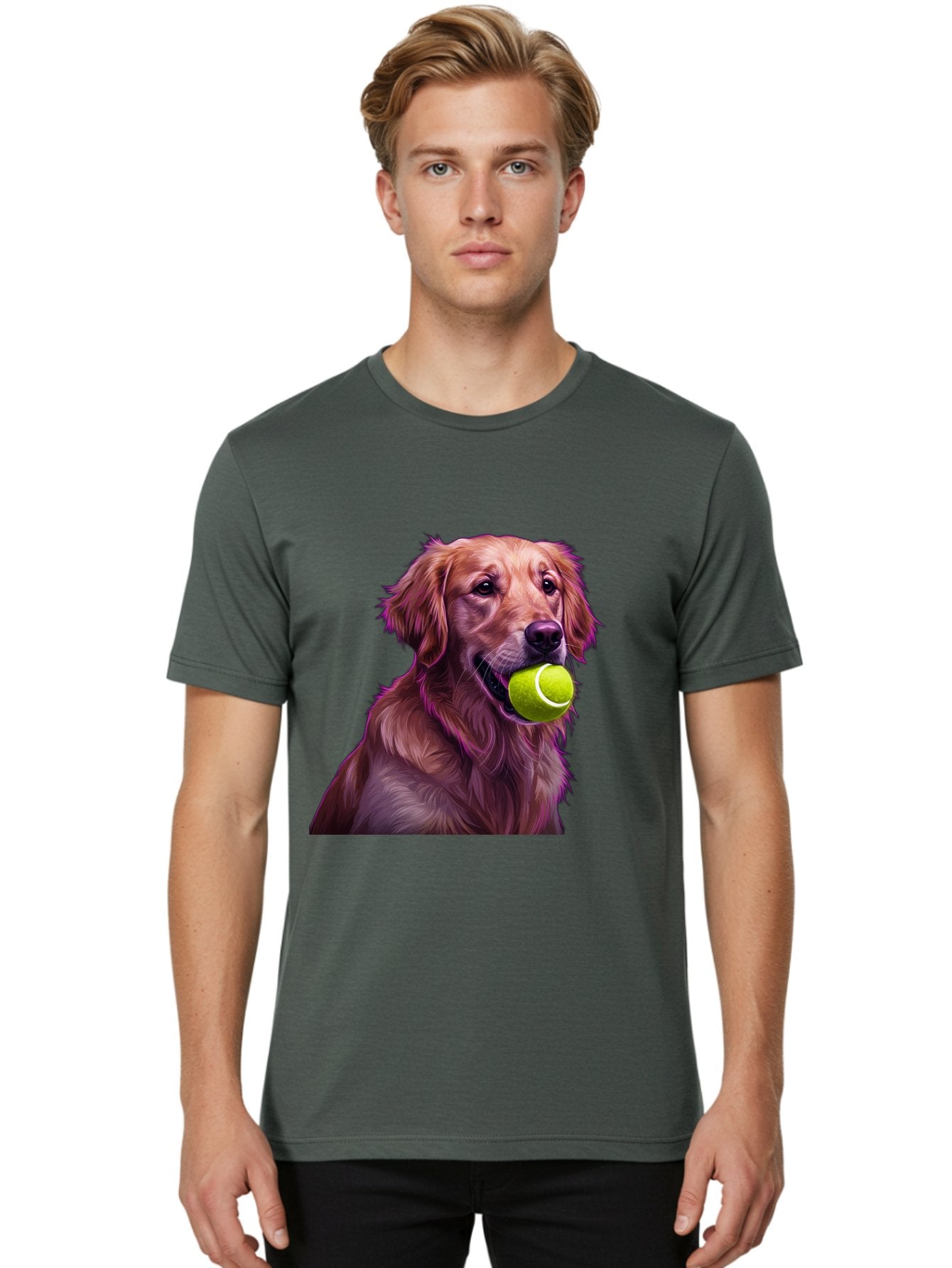 Golden-Retriever-Tennis-Ball Men'S Graphic Tee, 100% Cotton, Comfortable Casual Summer Wear, Machine Washable, Golden Retriever, Dog Holding Tennis Ball, Playful Dog, Tennis Ball In Mouth, Furry Friend, Happy Dog, Canine Companion, Fun Pet Bab998 19