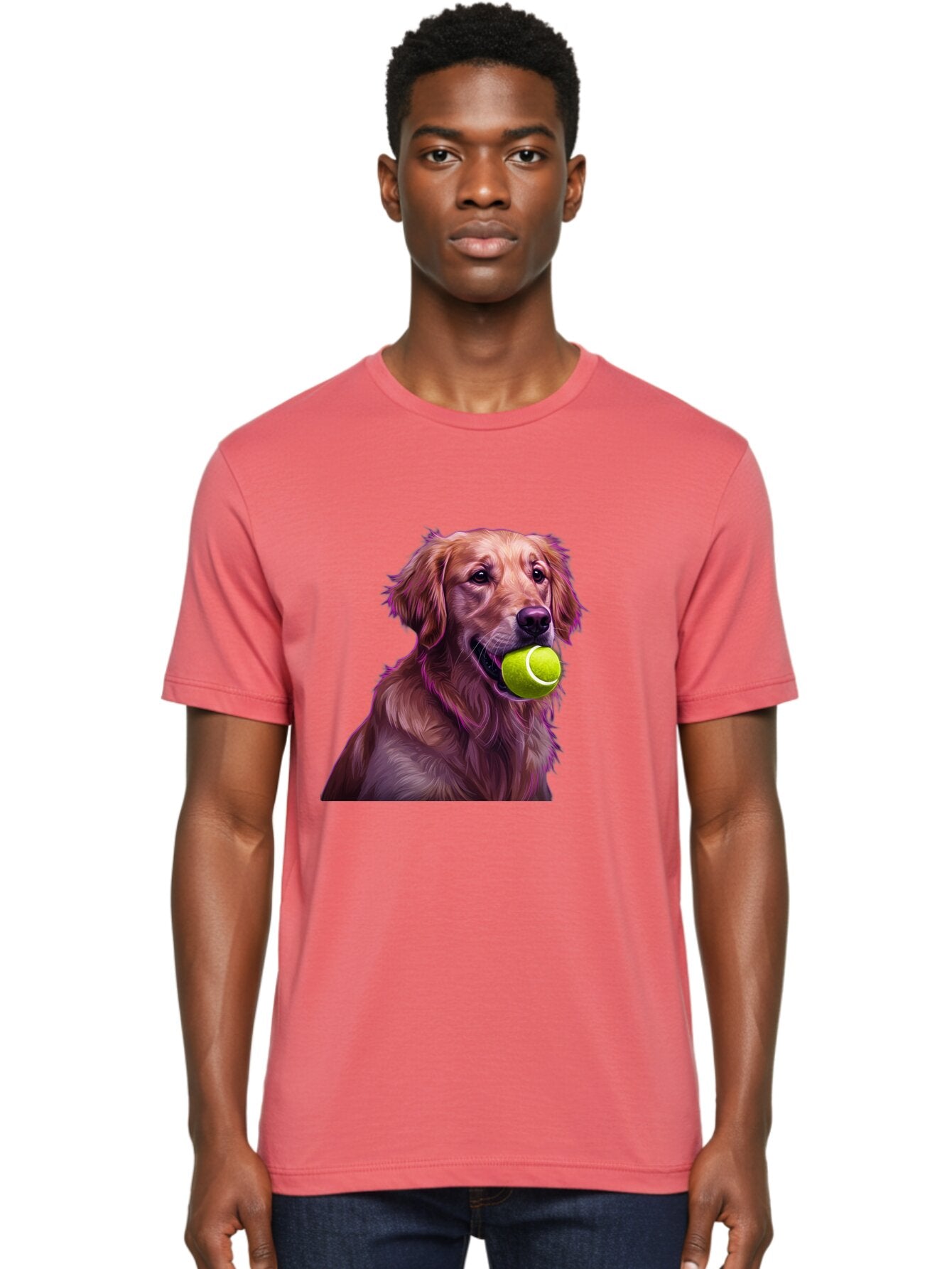 Golden-Retriever-Tennis-Ball Men'S Graphic Tee, 100% Cotton, Comfortable Casual Summer Wear, Machine Washable, Golden Retriever, Dog Holding Tennis Ball, Playful Dog, Tennis Ball In Mouth, Furry Friend, Happy Dog, Canine Companion, Fun Pet Bab998 24