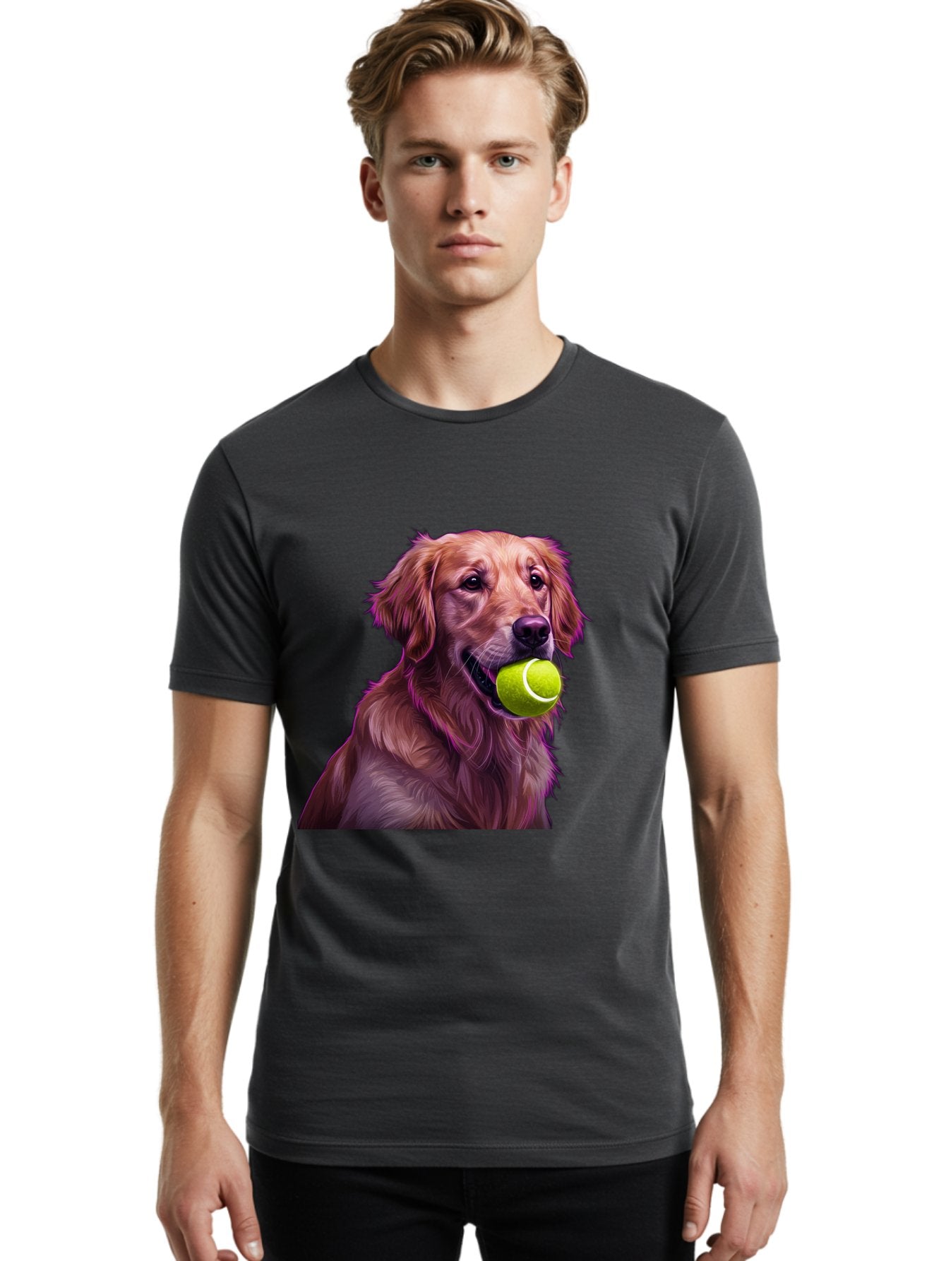 Golden-Retriever-Tennis-Ball Men'S Graphic Tee, 100% Cotton, Comfortable Casual Summer Wear, Machine Washable, Golden Retriever, Dog Holding Tennis Ball, Playful Dog, Tennis Ball In Mouth, Furry Friend, Happy Dog, Canine Companion, Fun Pet Bab998 22