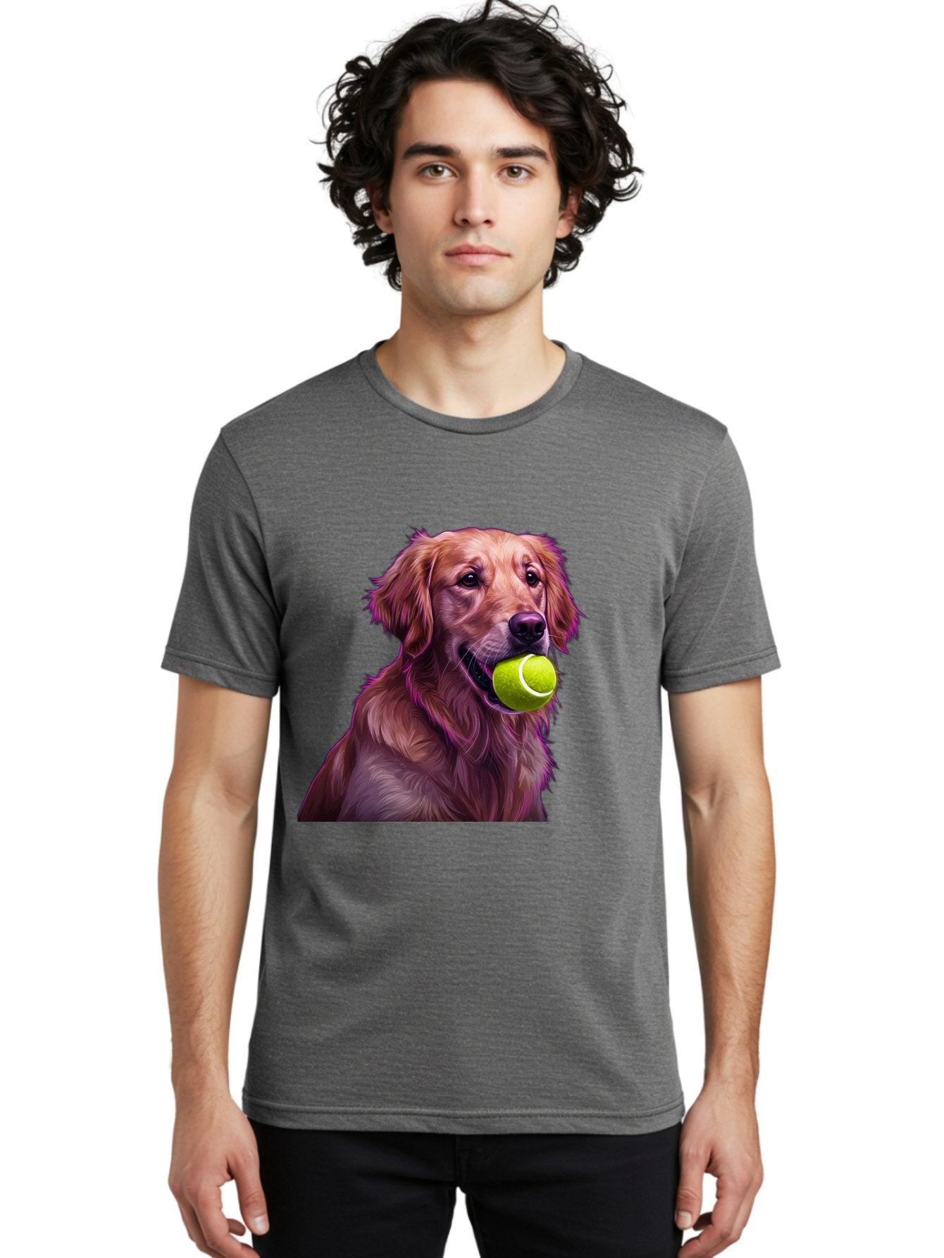 Golden-Retriever-Tennis-Ball Men'S Graphic Tee, 100% Cotton, Comfortable Casual Summer Wear, Machine Washable, Golden Retriever, Dog Holding Tennis Ball, Playful Dog, Tennis Ball In Mouth, Furry Friend, Happy Dog, Canine Companion, Fun Pet Bab998 16