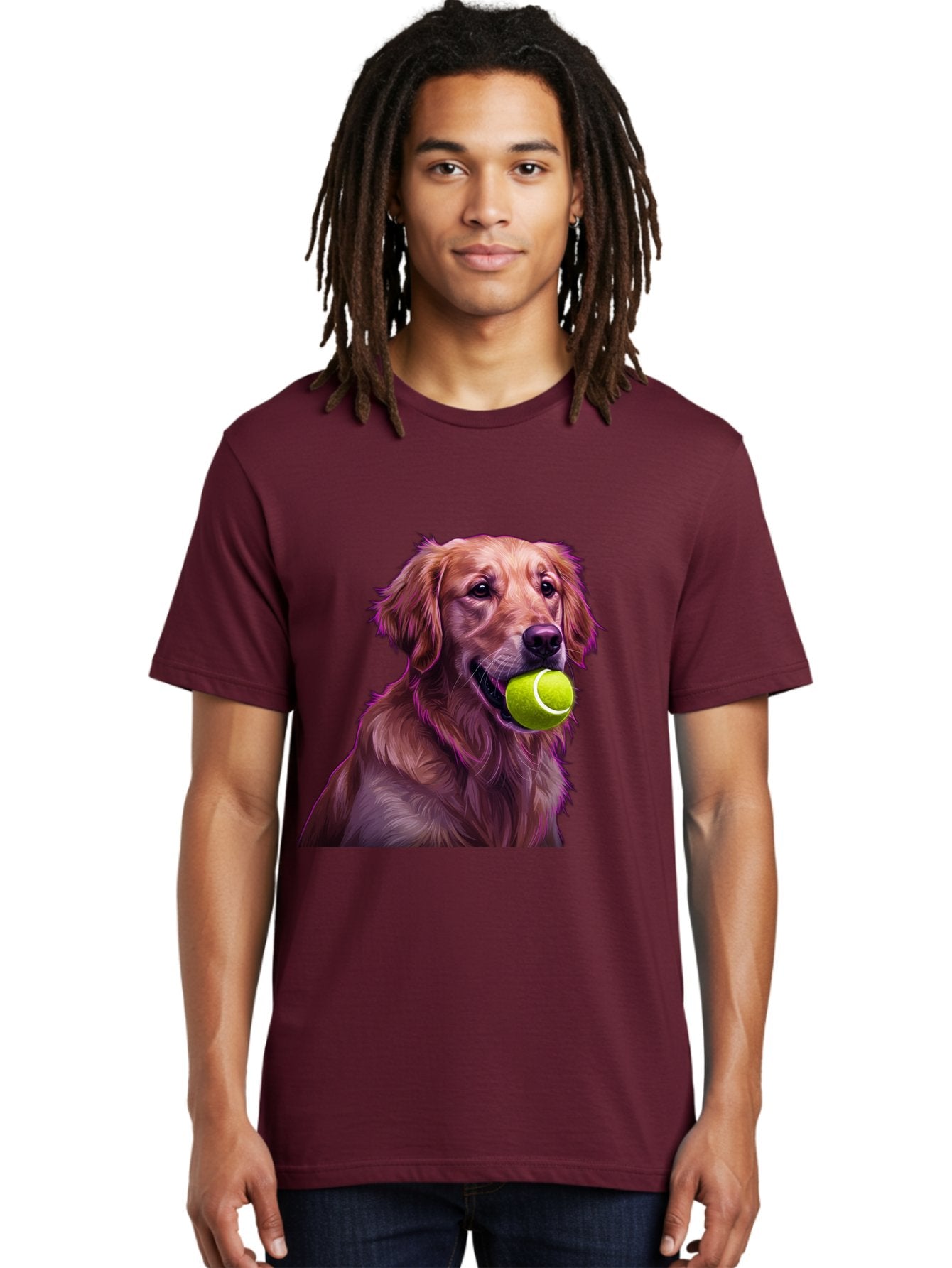 Golden-Retriever-Tennis-Ball Men'S Graphic Tee, 100% Cotton, Comfortable Casual Summer Wear, Machine Washable, Golden Retriever, Dog Holding Tennis Ball, Playful Dog, Tennis Ball In Mouth, Furry Friend, Happy Dog, Canine Companion, Fun Pet Bab998 25