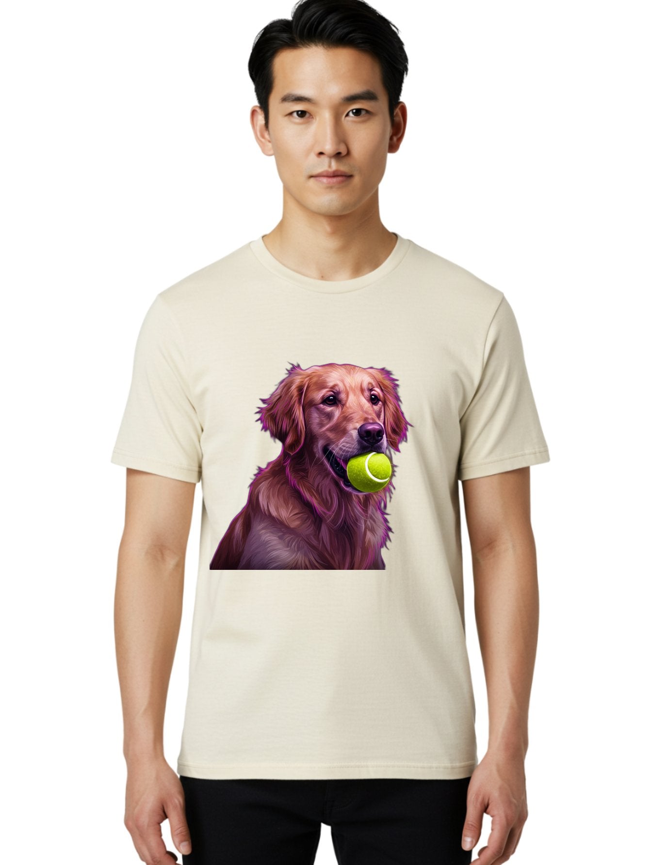 Golden-Retriever-Tennis-Ball Men'S Graphic Tee, 100% Cotton, Comfortable Casual Summer Wear, Machine Washable, Golden Retriever, Dog Holding Tennis Ball, Playful Dog, Tennis Ball In Mouth, Furry Friend, Happy Dog, Canine Companion, Fun Pet Bab998 21