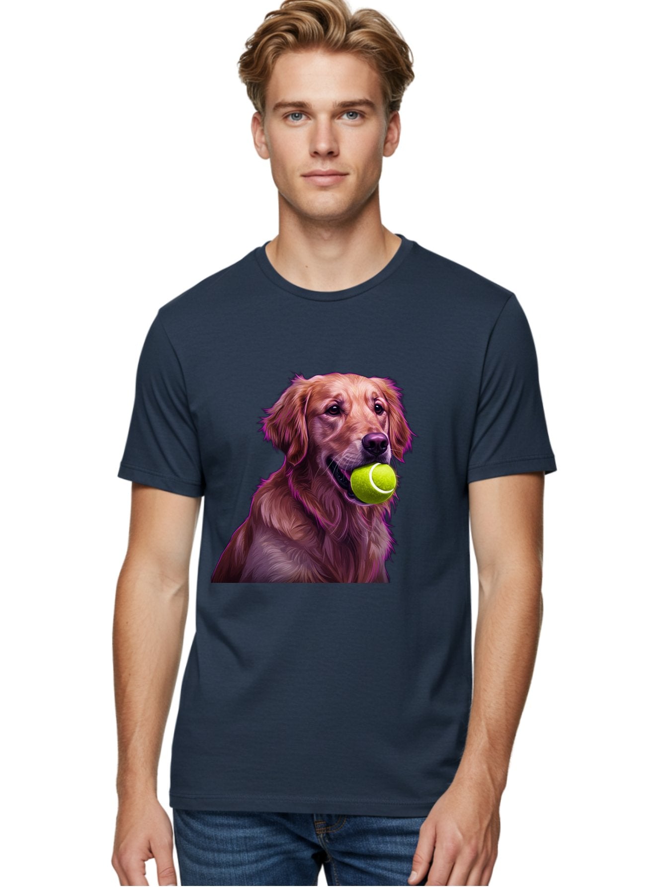 Golden-Retriever-Tennis-Ball Men'S Graphic Tee, 100% Cotton, Comfortable Casual Summer Wear, Machine Washable, Golden Retriever, Dog Holding Tennis Ball, Playful Dog, Tennis Ball In Mouth, Furry Friend, Happy Dog, Canine Companion, Fun Pet Bab998 30