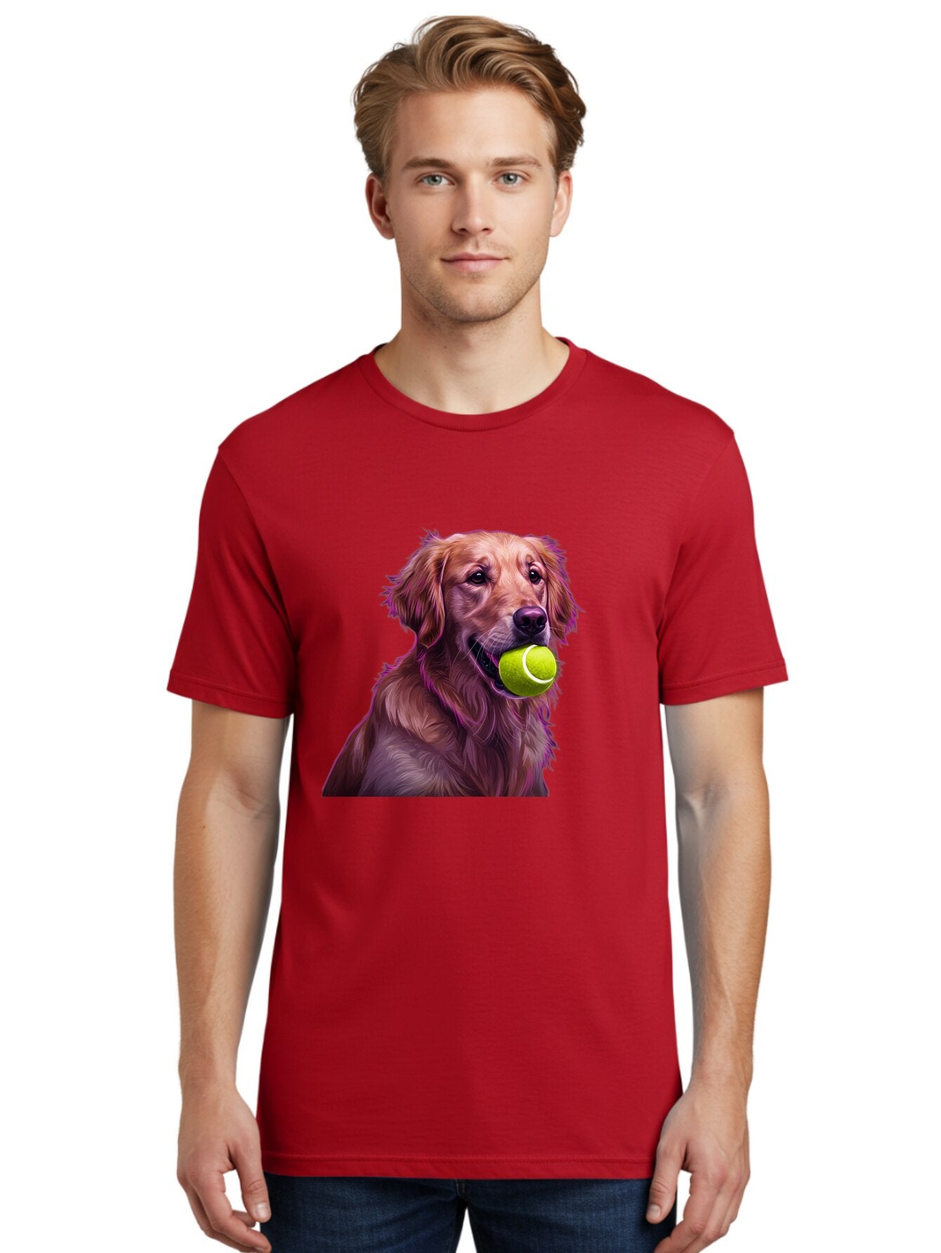 Golden-Retriever-Tennis-Ball Men'S Graphic Tee, 100% Cotton, Comfortable Casual Summer Wear, Machine Washable, Golden Retriever, Dog Holding Tennis Ball, Playful Dog, Tennis Ball In Mouth, Furry Friend, Happy Dog, Canine Companion, Fun Pet Bab998 20