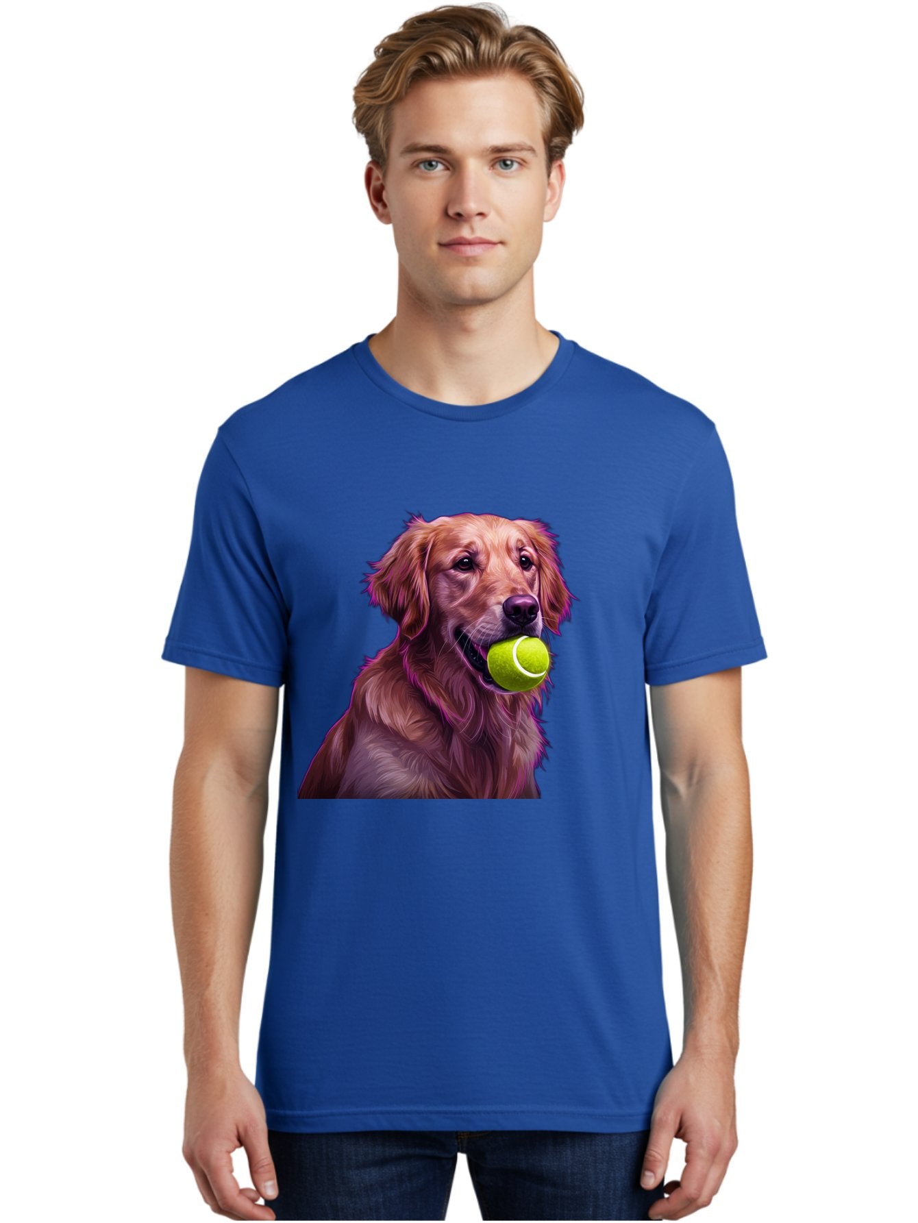 Golden-Retriever-Tennis-Ball Men'S Graphic Tee, 100% Cotton, Comfortable Casual Summer Wear, Machine Washable, Golden Retriever, Dog Holding Tennis Ball, Playful Dog, Tennis Ball In Mouth, Furry Friend, Happy Dog, Canine Companion, Fun Pet Bab998 26