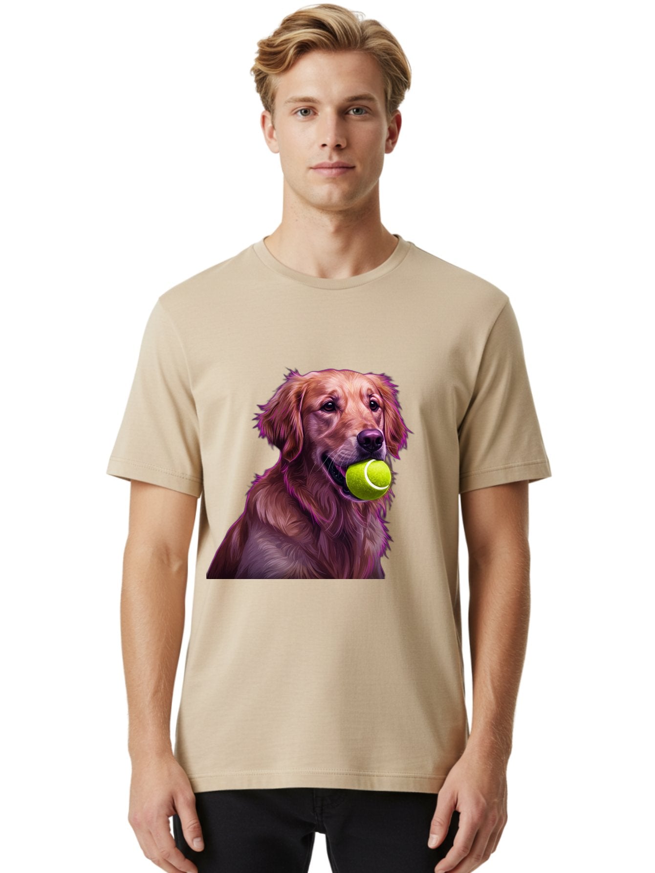 Golden-Retriever-Tennis-Ball Men'S Graphic Tee, 100% Cotton, Comfortable Casual Summer Wear, Machine Washable, Golden Retriever, Dog Holding Tennis Ball, Playful Dog, Tennis Ball In Mouth, Furry Friend, Happy Dog, Canine Companion, Fun Pet Bab998 17