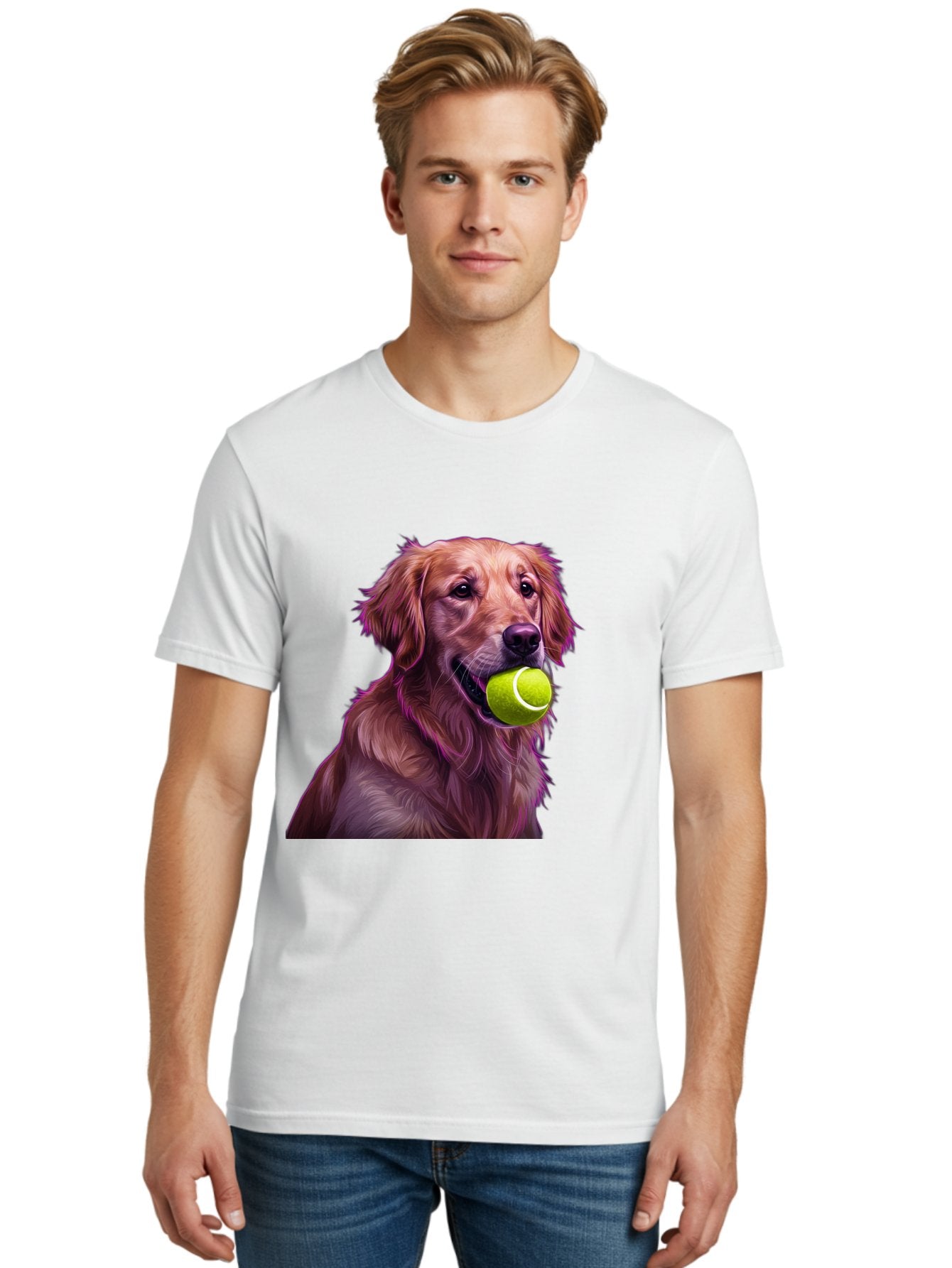 Golden-Retriever-Tennis-Ball Men'S Graphic Tee, 100% Cotton, Comfortable Casual Summer Wear, Machine Washable, Golden Retriever, Dog Holding Tennis Ball, Playful Dog, Tennis Ball In Mouth, Furry Friend, Happy Dog, Canine Companion, Fun Pet Bab998 18