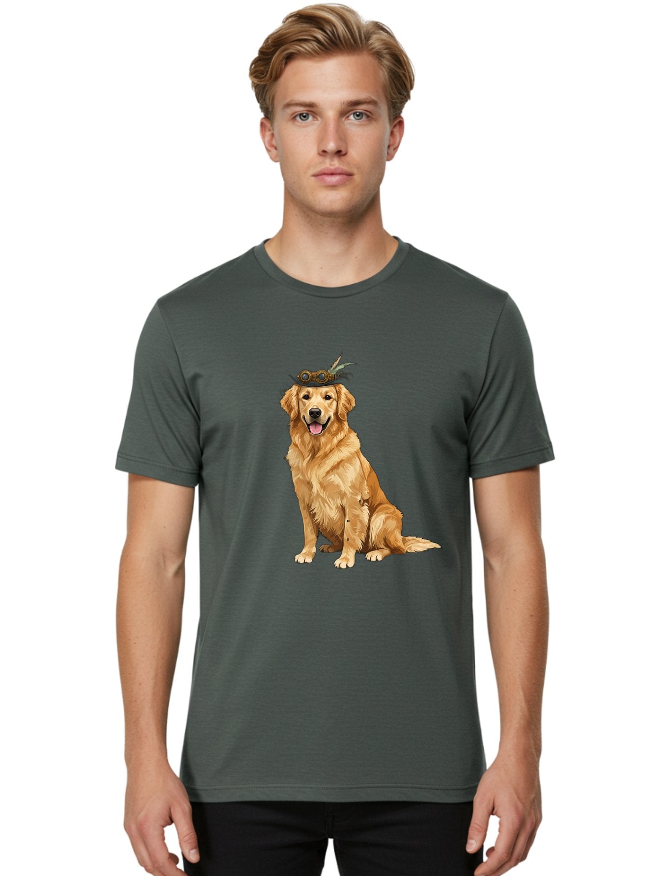 Golden-Retriever-With-Flower-Crown Men'S Graphic Tee, 100% Cotton, Comfortable Casual Summer Wear, Machine Washable, Golden Retriever Wearing Crown, Dog With Accessories, Floral Headpiece, Festive Dog, Pet Portrait, Playful Canine, Bab999 19