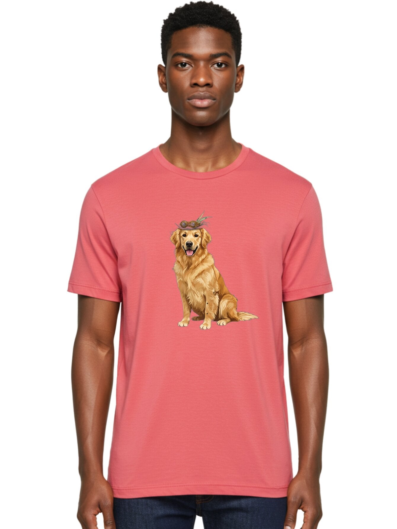 Golden-Retriever-With-Flower-Crown Men'S Graphic Tee, 100% Cotton, Comfortable Casual Summer Wear, Machine Washable, Golden Retriever Wearing Crown, Dog With Accessories, Floral Headpiece, Festive Dog, Pet Portrait, Playful Canine, Bab999 27