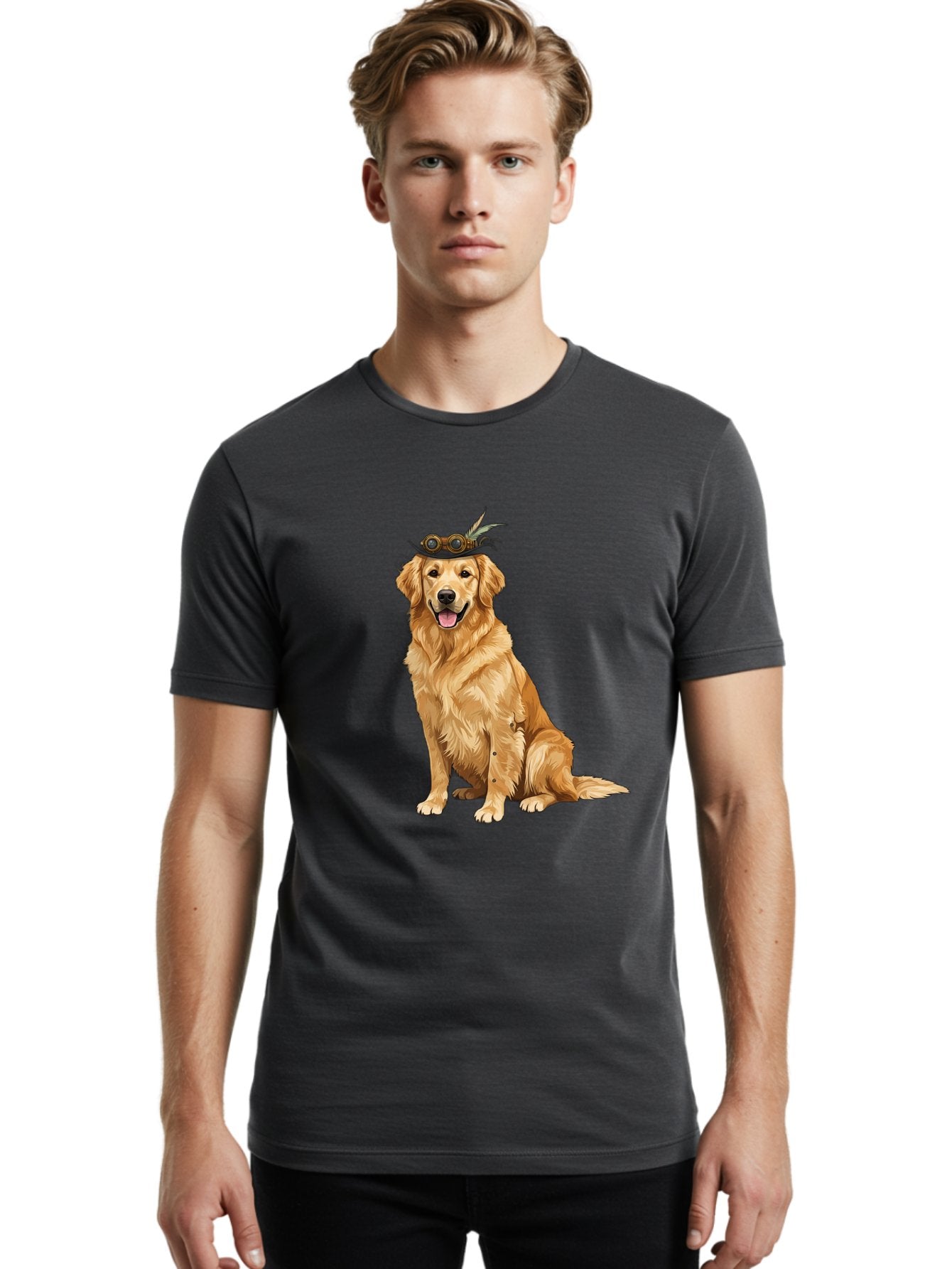 Golden-Retriever-With-Flower-Crown Men'S Graphic Tee, 100% Cotton, Comfortable Casual Summer Wear, Machine Washable, Golden Retriever Wearing Crown, Dog With Accessories, Floral Headpiece, Festive Dog, Pet Portrait, Playful Canine, Bab999 25