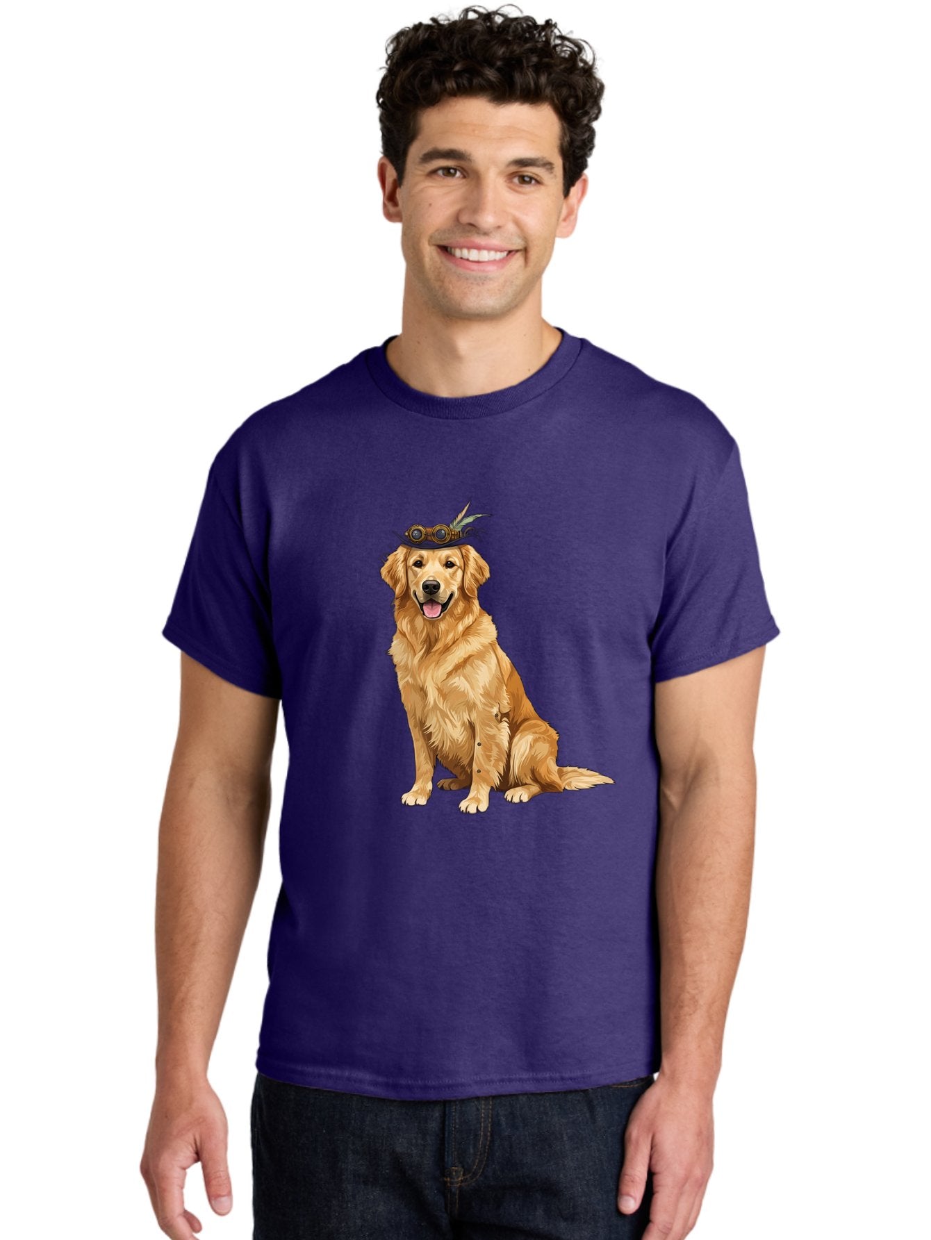 Golden-Retriever-With-Flower-Crown Men'S Graphic Tee, 100% Cotton, Comfortable Casual Summer Wear, Machine Washable, Golden Retriever Wearing Crown, Dog With Accessories, Floral Headpiece, Festive Dog, Pet Portrait, Playful Canine, Bab999 30