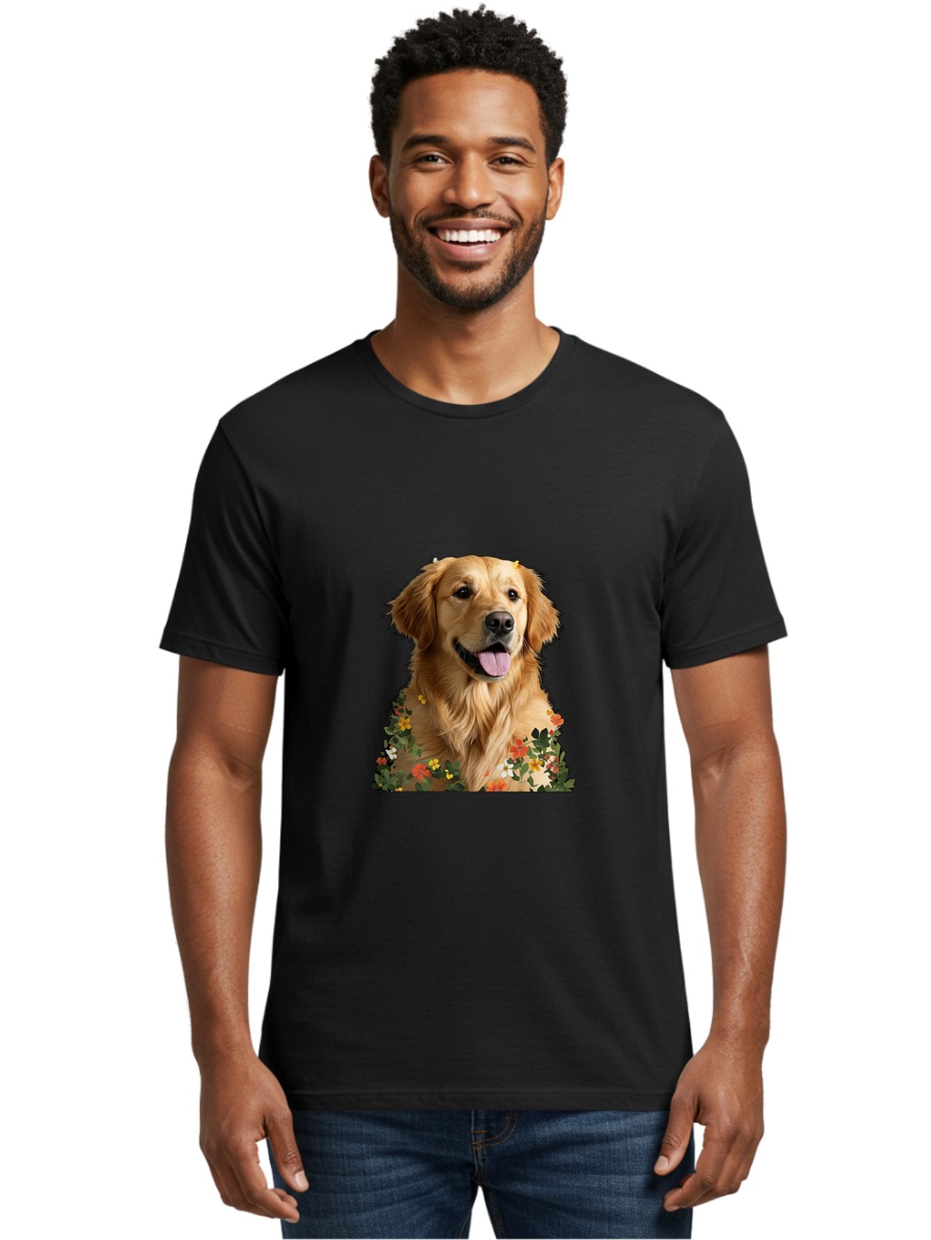 Golden-Retriever-With-Flowers-1 Men'S Graphic Tee, 100% Cotton, Comfortable Casual Summer Wear, Machine Washable, Golden Retriever Dog, Floral Pattern, Vibrant Flowers, Colorful Blooms, Happy Dog, Friendly Pet, Floral Design, Golden Fur, Bac000 30