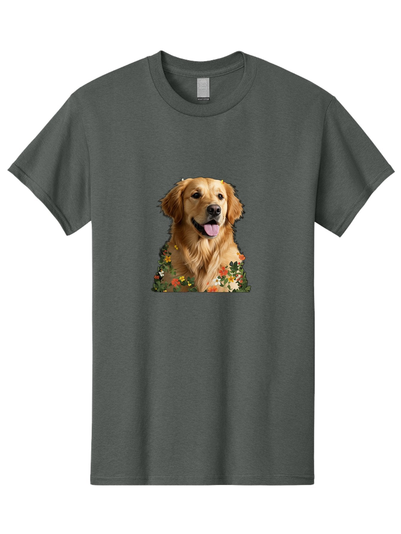 Golden-Retriever-With-Flowers-1 Men'S Graphic Tee, 100% Cotton, Comfortable Casual Summer Wear, Machine Washable, Golden Retriever Dog, Floral Pattern, Vibrant Flowers, Colorful Blooms, Happy Dog, Friendly Pet, Floral Design, Golden Fur, Bac000 10
