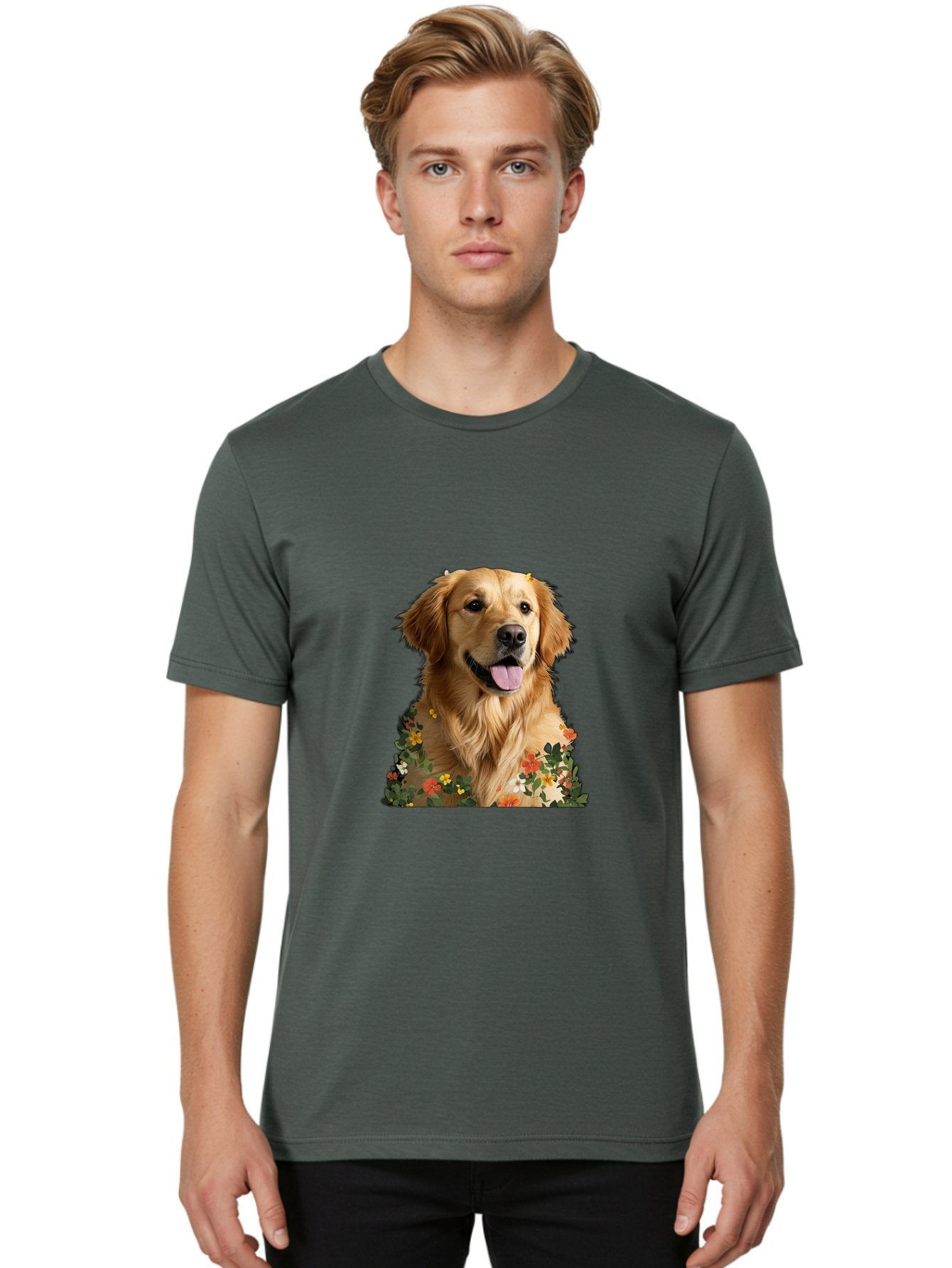 Golden-Retriever-With-Flowers-1 Men'S Graphic Tee, 100% Cotton, Comfortable Casual Summer Wear, Machine Washable, Golden Retriever Dog, Floral Pattern, Vibrant Flowers, Colorful Blooms, Happy Dog, Friendly Pet, Floral Design, Golden Fur, Bac000 17