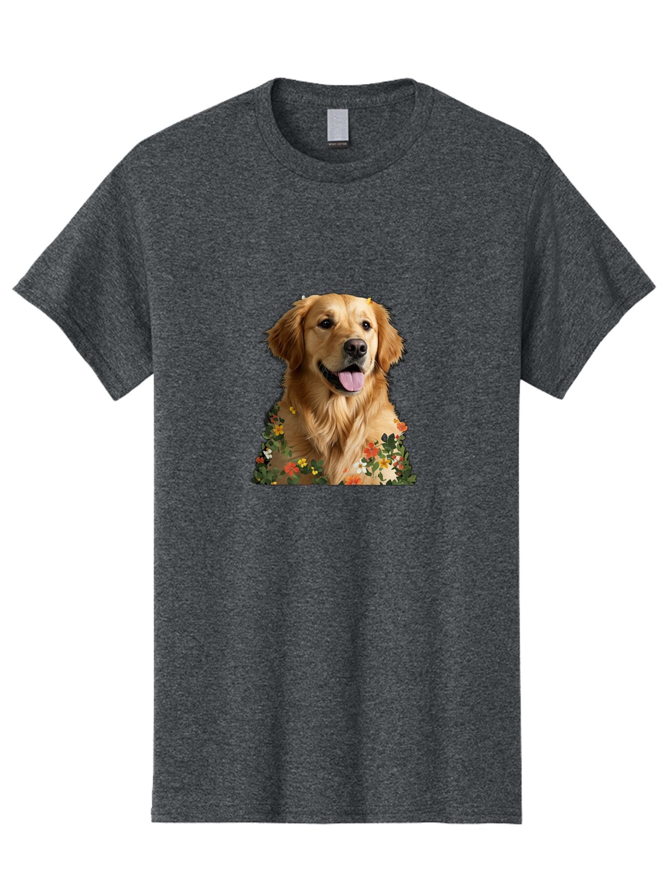 Golden-Retriever-With-Flowers-1 Men'S Graphic Tee, 100% Cotton, Comfortable Casual Summer Wear, Machine Washable, Golden Retriever Dog, Floral Pattern, Vibrant Flowers, Colorful Blooms, Happy Dog, Friendly Pet, Floral Design, Golden Fur, Bac000 9