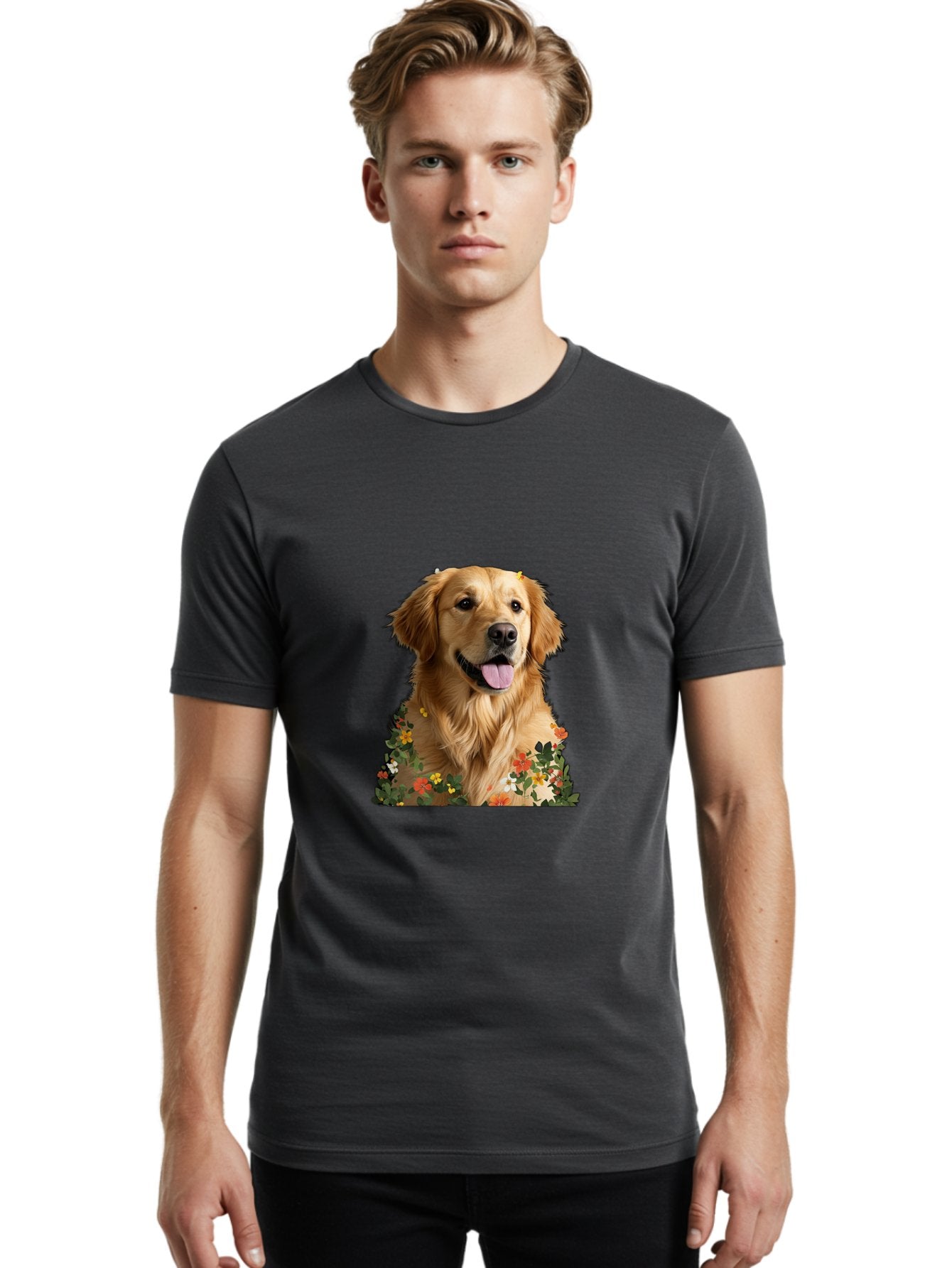 Golden-Retriever-With-Flowers-1 Men'S Graphic Tee, 100% Cotton, Comfortable Casual Summer Wear, Machine Washable, Golden Retriever Dog, Floral Pattern, Vibrant Flowers, Colorful Blooms, Happy Dog, Friendly Pet, Floral Design, Golden Fur, Bac000 26