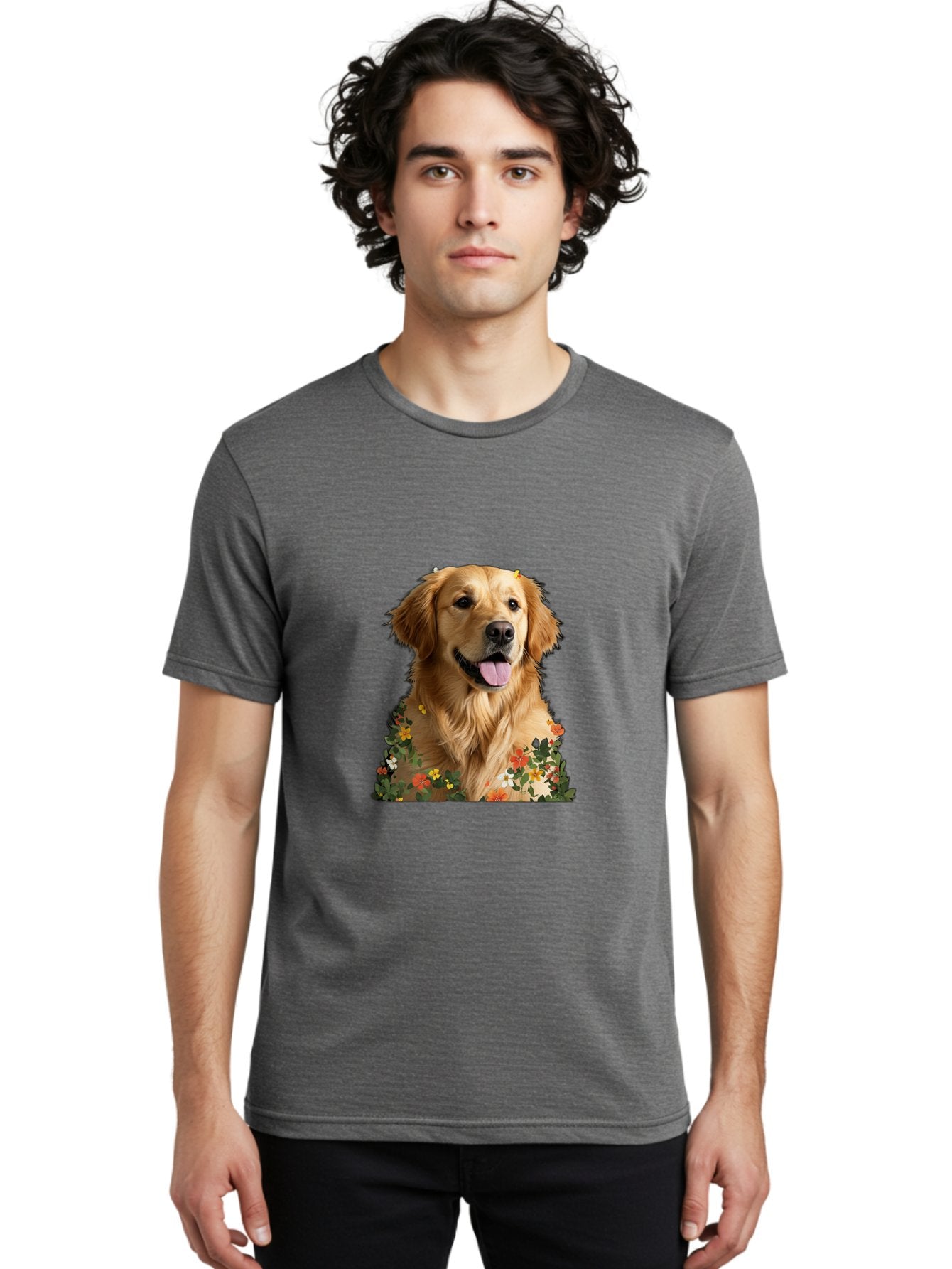 Golden-Retriever-With-Flowers-1 Men'S Graphic Tee, 100% Cotton, Comfortable Casual Summer Wear, Machine Washable, Golden Retriever Dog, Floral Pattern, Vibrant Flowers, Colorful Blooms, Happy Dog, Friendly Pet, Floral Design, Golden Fur, Bac000 18