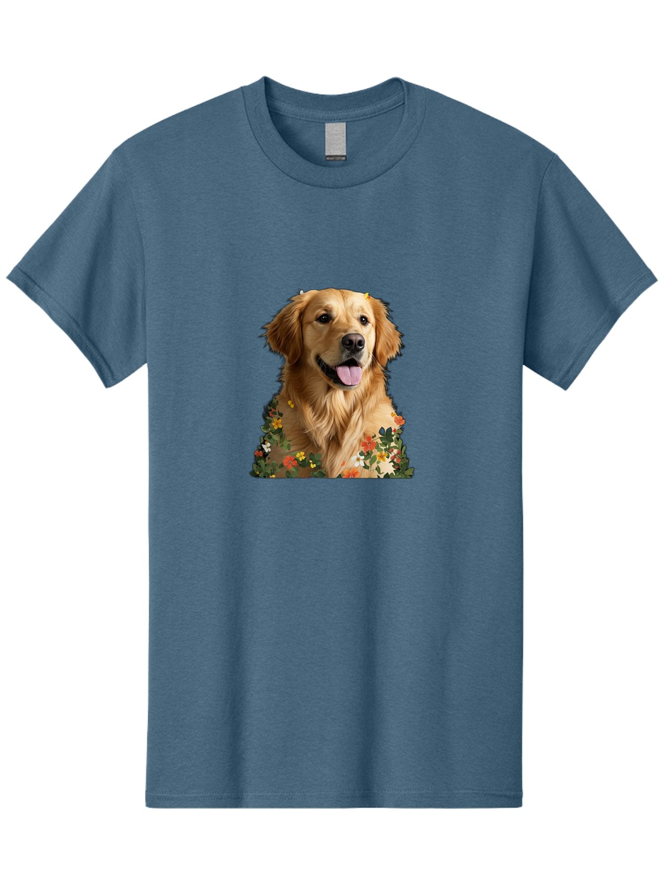 Golden-Retriever-With-Flowers-1 Men'S Graphic Tee, 100% Cotton, Comfortable Casual Summer Wear, Machine Washable, Golden Retriever Dog, Floral Pattern, Vibrant Flowers, Colorful Blooms, Happy Dog, Friendly Pet, Floral Design, Golden Fur, Bac000 5