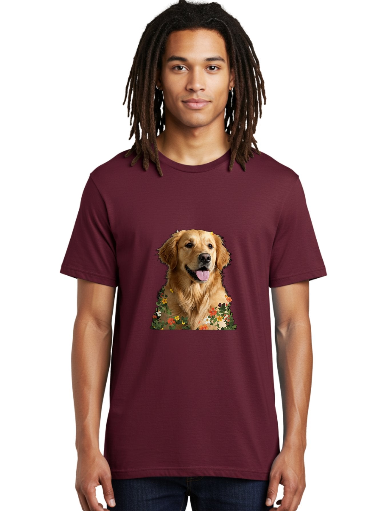Golden-Retriever-With-Flowers-1 Men'S Graphic Tee, 100% Cotton, Comfortable Casual Summer Wear, Machine Washable, Golden Retriever Dog, Floral Pattern, Vibrant Flowers, Colorful Blooms, Happy Dog, Friendly Pet, Floral Design, Golden Fur, Bac000 27