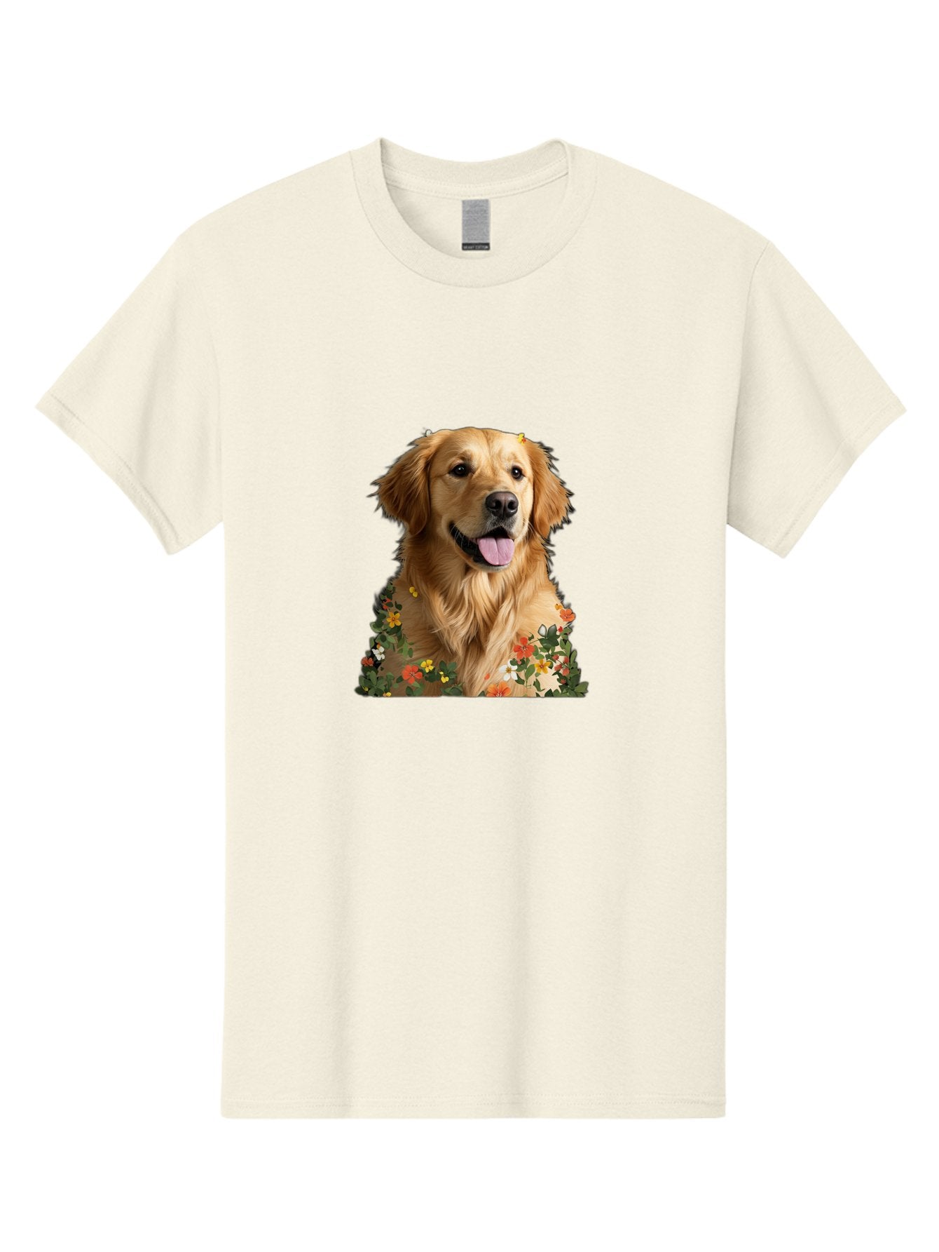 Golden-Retriever-With-Flowers-1 Men'S Graphic Tee, 100% Cotton, Comfortable Casual Summer Wear, Machine Washable, Golden Retriever Dog, Floral Pattern, Vibrant Flowers, Colorful Blooms, Happy Dog, Friendly Pet, Floral Design, Golden Fur, Bac000