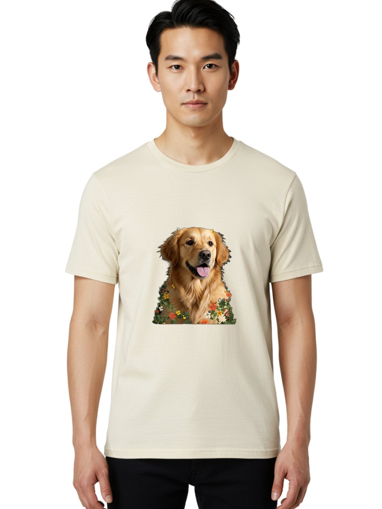 Golden-Retriever-With-Flowers-1 Men'S Graphic Tee, 100% Cotton, Comfortable Casual Summer Wear, Machine Washable, Golden Retriever Dog, Floral Pattern, Vibrant Flowers, Colorful Blooms, Happy Dog, Friendly Pet, Floral Design, Golden Fur, Bac000 19