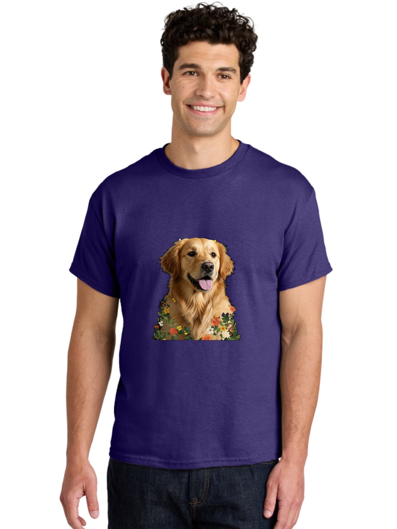 Golden-Retriever-With-Flowers-1 Men'S Graphic Tee, 100% Cotton, Comfortable Casual Summer Wear, Machine Washable, Golden Retriever Dog, Floral Pattern, Vibrant Flowers, Colorful Blooms, Happy Dog, Friendly Pet, Floral Design, Golden Fur, Bac000 22