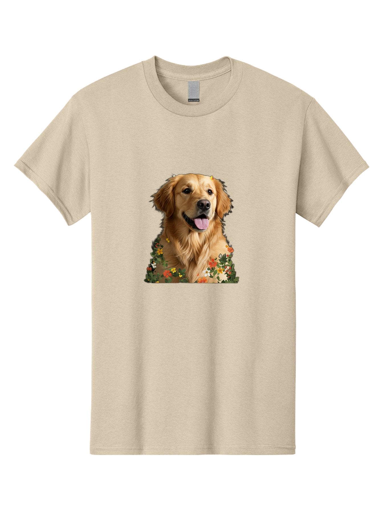 Golden-Retriever-With-Flowers-1 Men'S Graphic Tee, 100% Cotton, Comfortable Casual Summer Wear, Machine Washable, Golden Retriever Dog, Floral Pattern, Vibrant Flowers, Colorful Blooms, Happy Dog, Friendly Pet, Floral Design, Golden Fur, Bac000