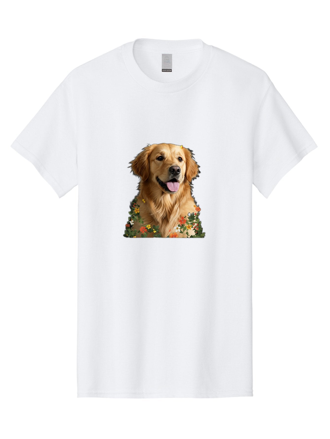 Golden-Retriever-With-Flowers-1 Men'S Graphic Tee, 100% Cotton, Comfortable Casual Summer Wear, Machine Washable, Golden Retriever Dog, Floral Pattern, Vibrant Flowers, Colorful Blooms, Happy Dog, Friendly Pet, Floral Design, Golden Fur, Bac000 13
