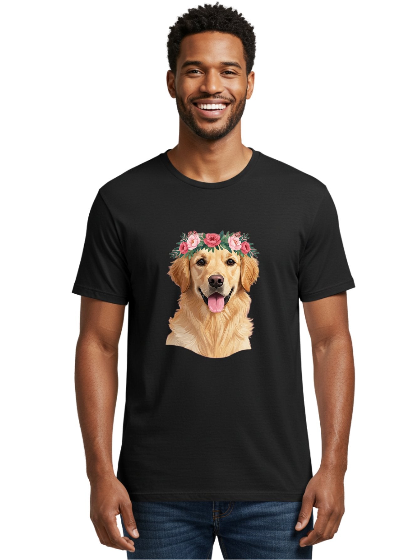 Golden-Retriever-With-Flowers Men'S Graphic Tee, 100% Cotton, Comfortable Casual Summer Wear, Machine Washable, Golden Retriever, Floral Crown, Pink Roses, Happy Dog, Dog Portrait, Flower Wreath, Dog Illustration, Joyful Expression, Bac001 29