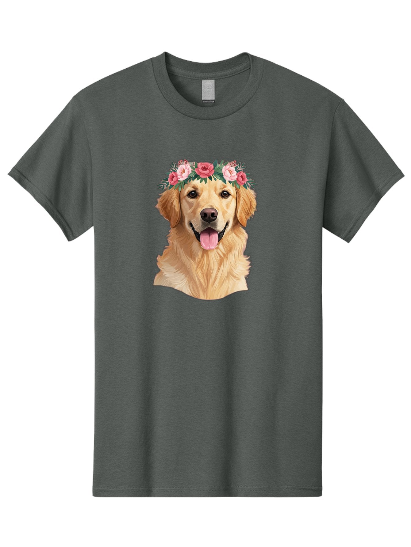 Golden-Retriever-With-Flowers Men'S Graphic Tee, 100% Cotton, Comfortable Casual Summer Wear, Machine Washable, Golden Retriever, Floral Crown, Pink Roses, Happy Dog, Dog Portrait, Flower Wreath, Dog Illustration, Joyful Expression, Bac001 10