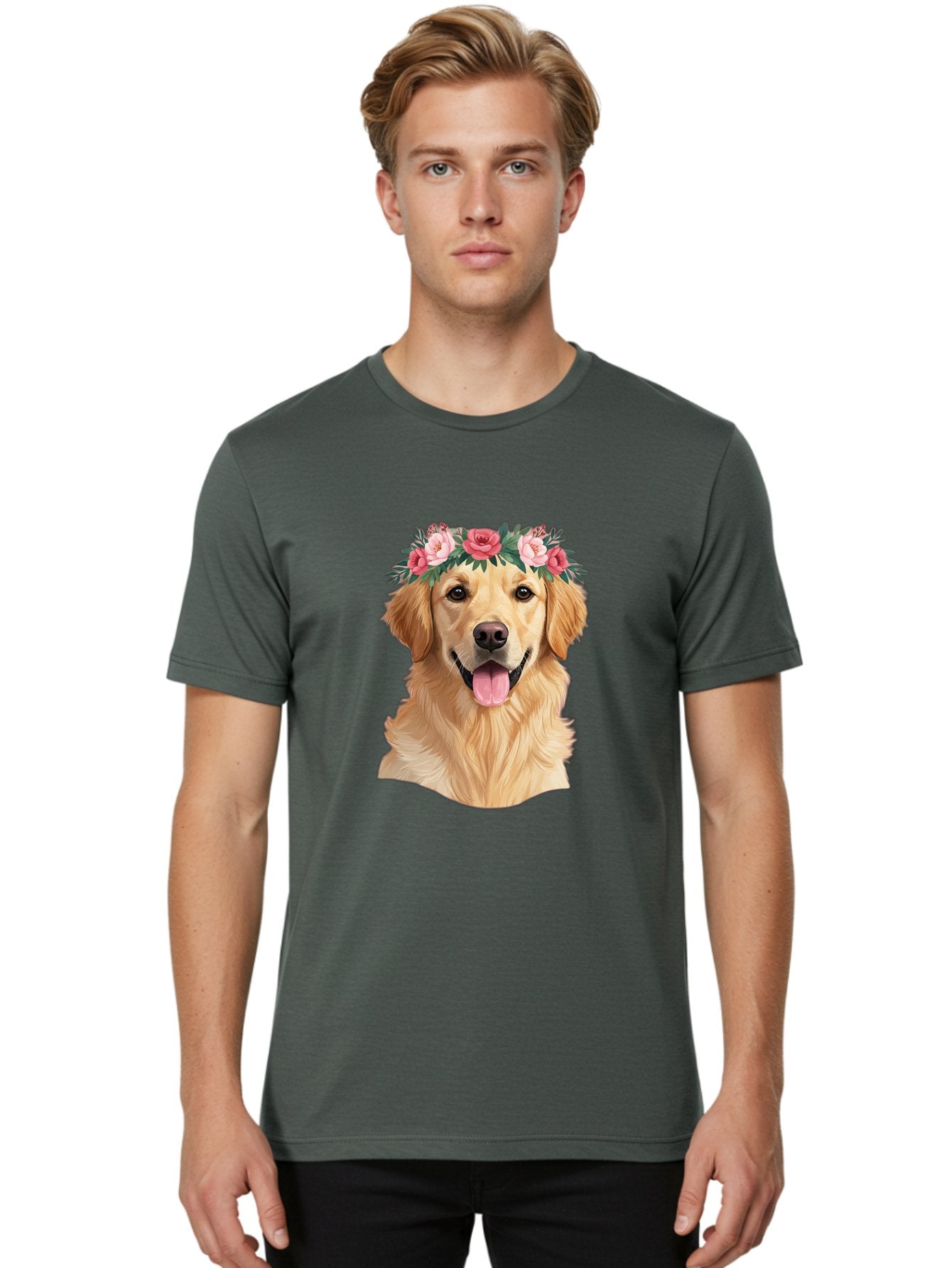 Golden-Retriever-With-Flowers Men'S Graphic Tee, 100% Cotton, Comfortable Casual Summer Wear, Machine Washable, Golden Retriever, Floral Crown, Pink Roses, Happy Dog, Dog Portrait, Flower Wreath, Dog Illustration, Joyful Expression, Bac001 17