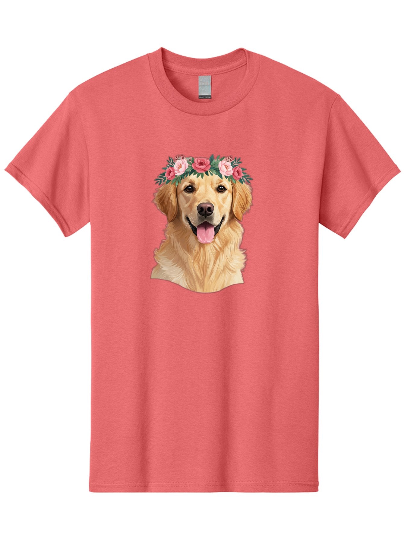Golden-Retriever-With-Flowers Men'S Graphic Tee, 100% Cotton, Comfortable Casual Summer Wear, Machine Washable, Golden Retriever, Floral Crown, Pink Roses, Happy Dog, Dog Portrait, Flower Wreath, Dog Illustration, Joyful Expression, Bac001 8