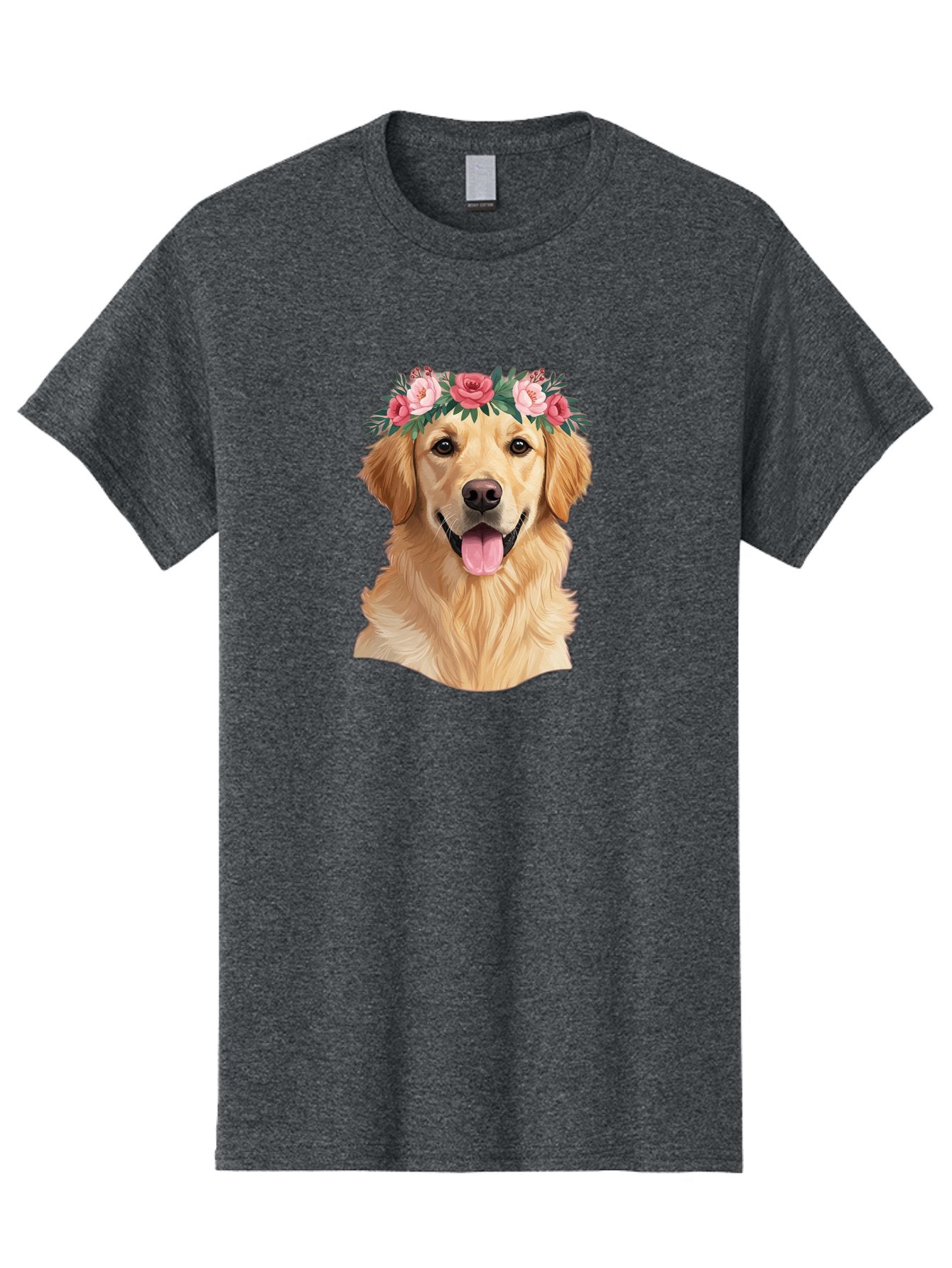 Golden-Retriever-With-Flowers Men'S Graphic Tee, 100% Cotton, Comfortable Casual Summer Wear, Machine Washable, Golden Retriever, Floral Crown, Pink Roses, Happy Dog, Dog Portrait, Flower Wreath, Dog Illustration, Joyful Expression, Bac001 5