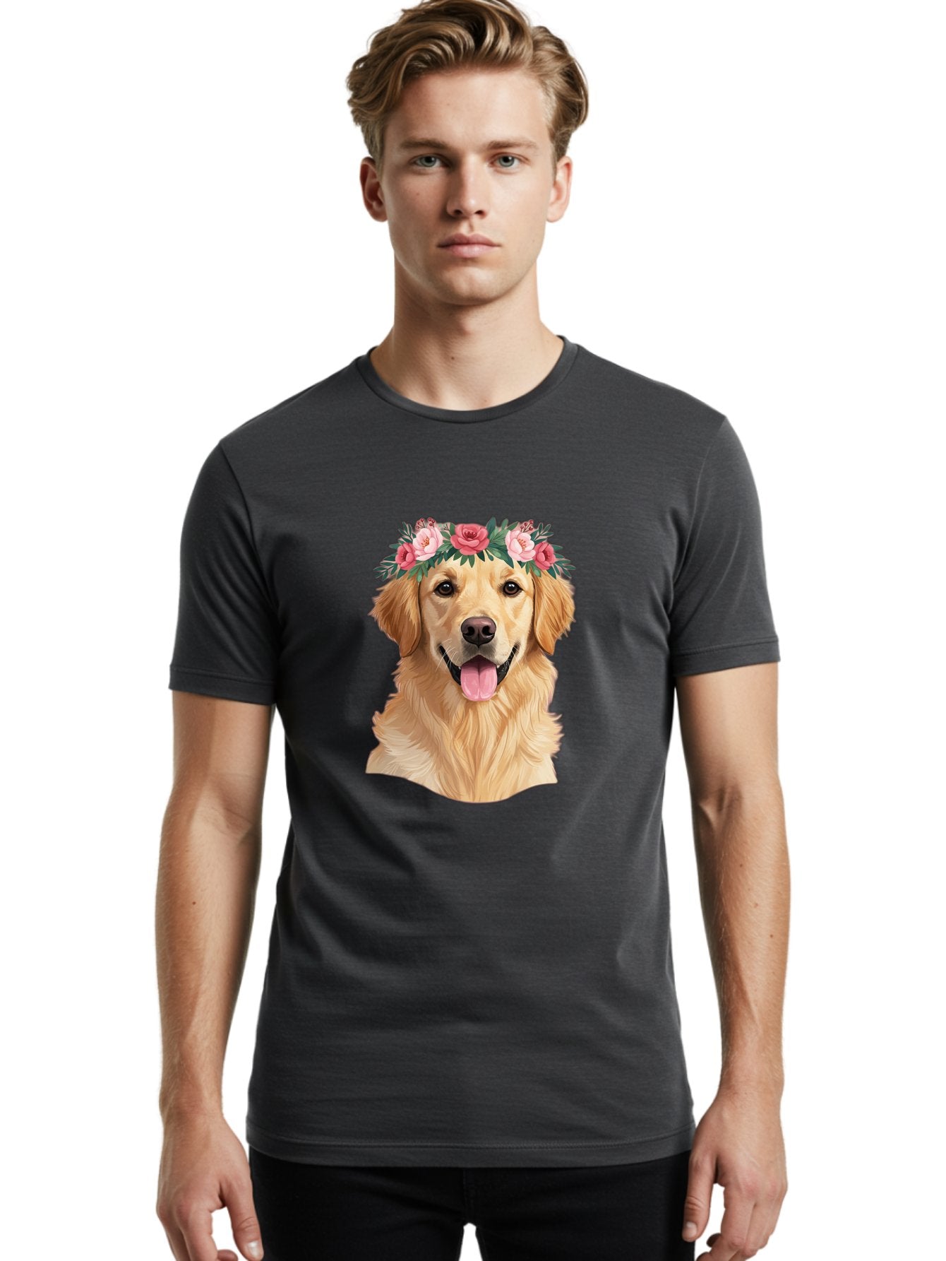 Golden-Retriever-With-Flowers Men'S Graphic Tee, 100% Cotton, Comfortable Casual Summer Wear, Machine Washable, Golden Retriever, Floral Crown, Pink Roses, Happy Dog, Dog Portrait, Flower Wreath, Dog Illustration, Joyful Expression, Bac001 23