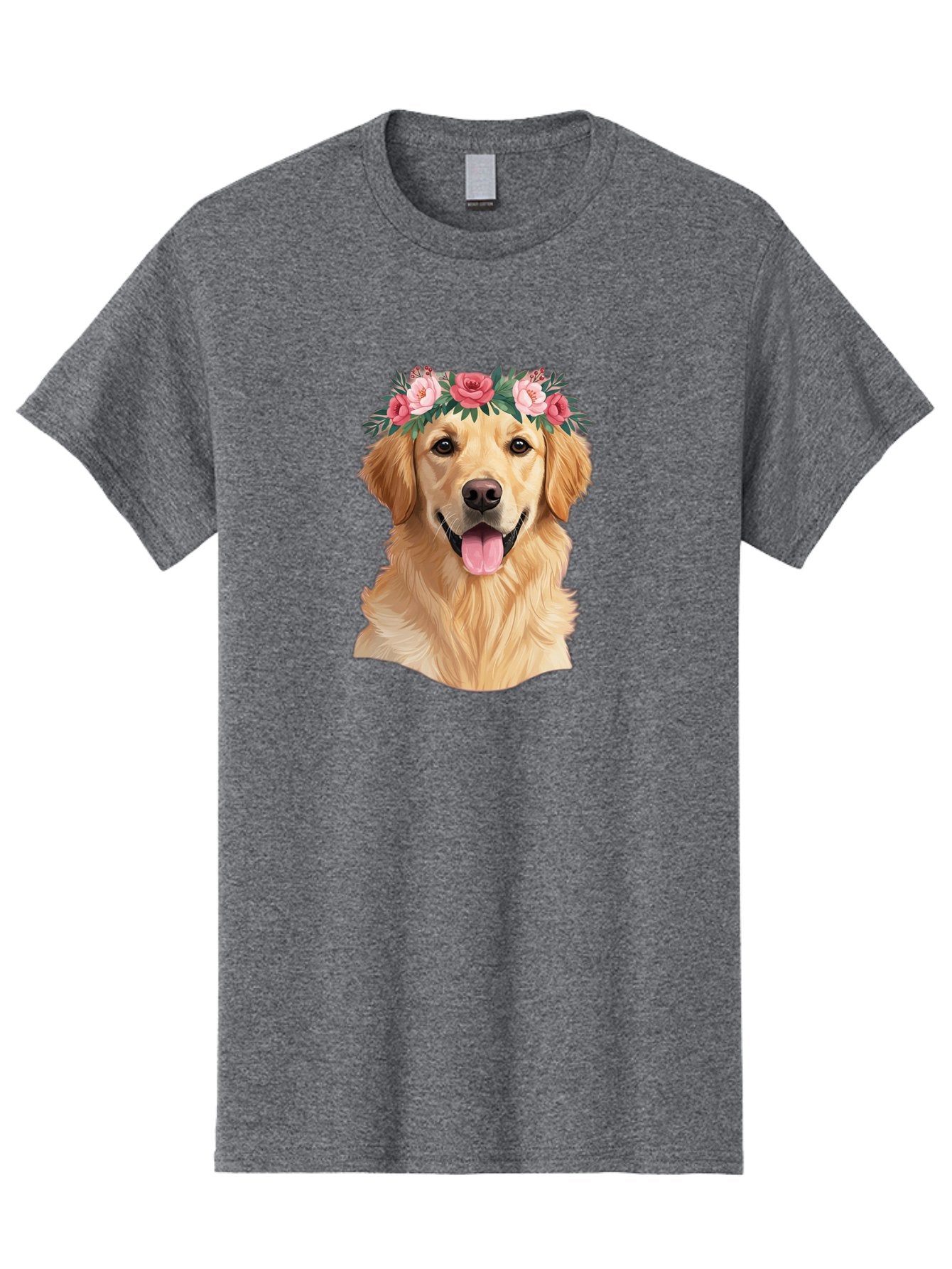Golden-Retriever-With-Flowers Men'S Graphic Tee, 100% Cotton, Comfortable Casual Summer Wear, Machine Washable, Golden Retriever, Floral Crown, Pink Roses, Happy Dog, Dog Portrait, Flower Wreath, Dog Illustration, Joyful Expression, Bac001 11