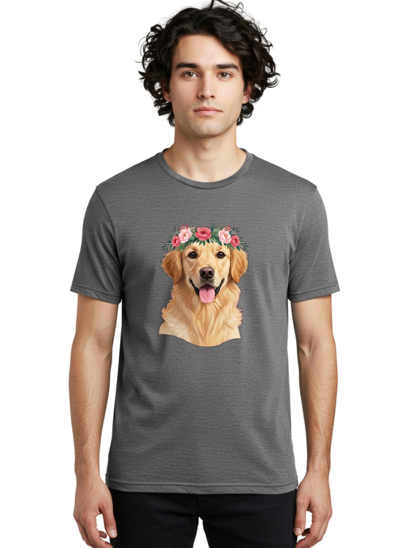 Golden-Retriever-With-Flowers Men'S Graphic Tee, 100% Cotton, Comfortable Casual Summer Wear, Machine Washable, Golden Retriever, Floral Crown, Pink Roses, Happy Dog, Dog Portrait, Flower Wreath, Dog Illustration, Joyful Expression, Bac001 27