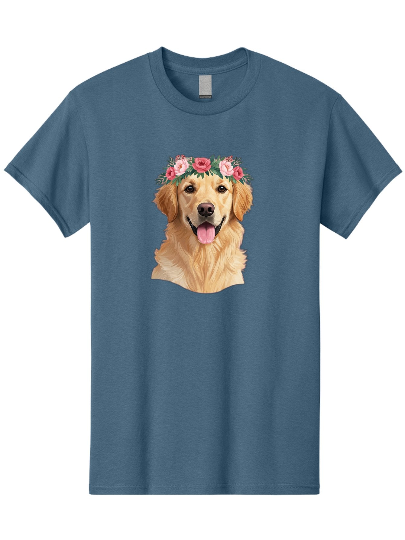 Golden-Retriever-With-Flowers Men'S Graphic Tee, 100% Cotton, Comfortable Casual Summer Wear, Machine Washable, Golden Retriever, Floral Crown, Pink Roses, Happy Dog, Dog Portrait, Flower Wreath, Dog Illustration, Joyful Expression, Bac001 4
