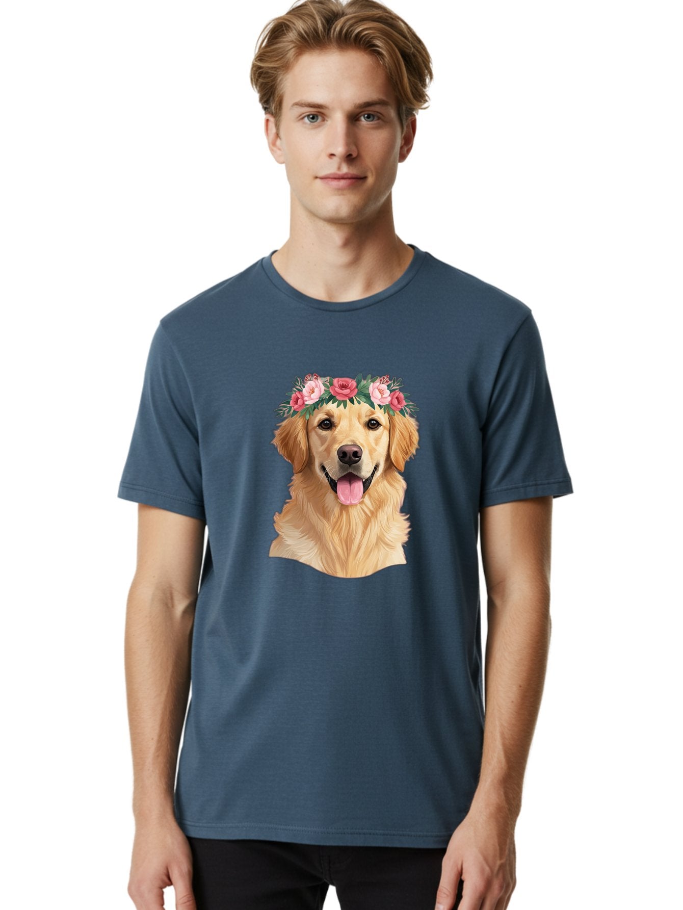 Golden-Retriever-With-Flowers Men'S Graphic Tee, 100% Cotton, Comfortable Casual Summer Wear, Machine Washable, Golden Retriever, Floral Crown, Pink Roses, Happy Dog, Dog Portrait, Flower Wreath, Dog Illustration, Joyful Expression, Bac001 18