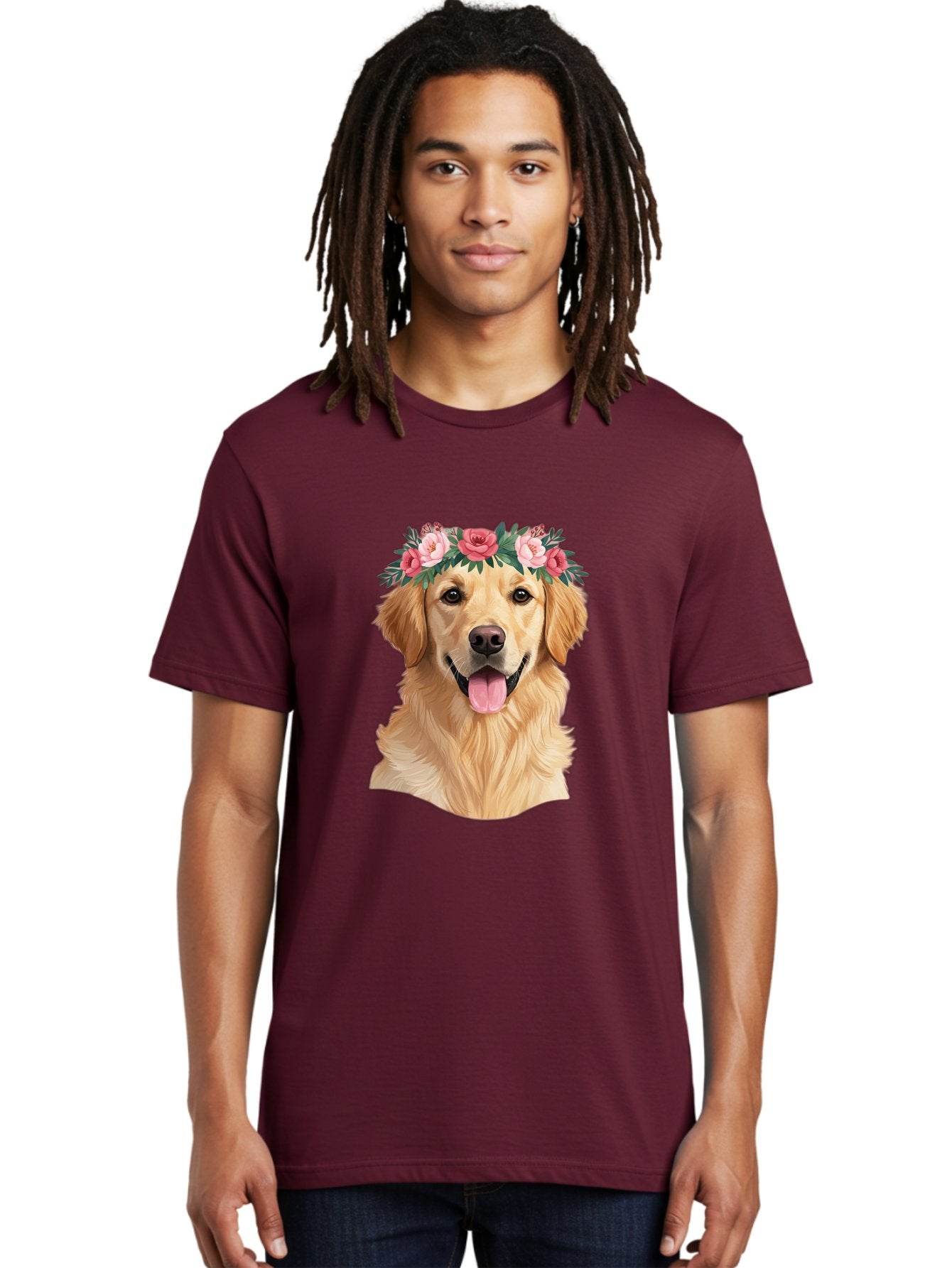 Golden-Retriever-With-Flowers Men'S Graphic Tee, 100% Cotton, Comfortable Casual Summer Wear, Machine Washable, Golden Retriever, Floral Crown, Pink Roses, Happy Dog, Dog Portrait, Flower Wreath, Dog Illustration, Joyful Expression, Bac001 30