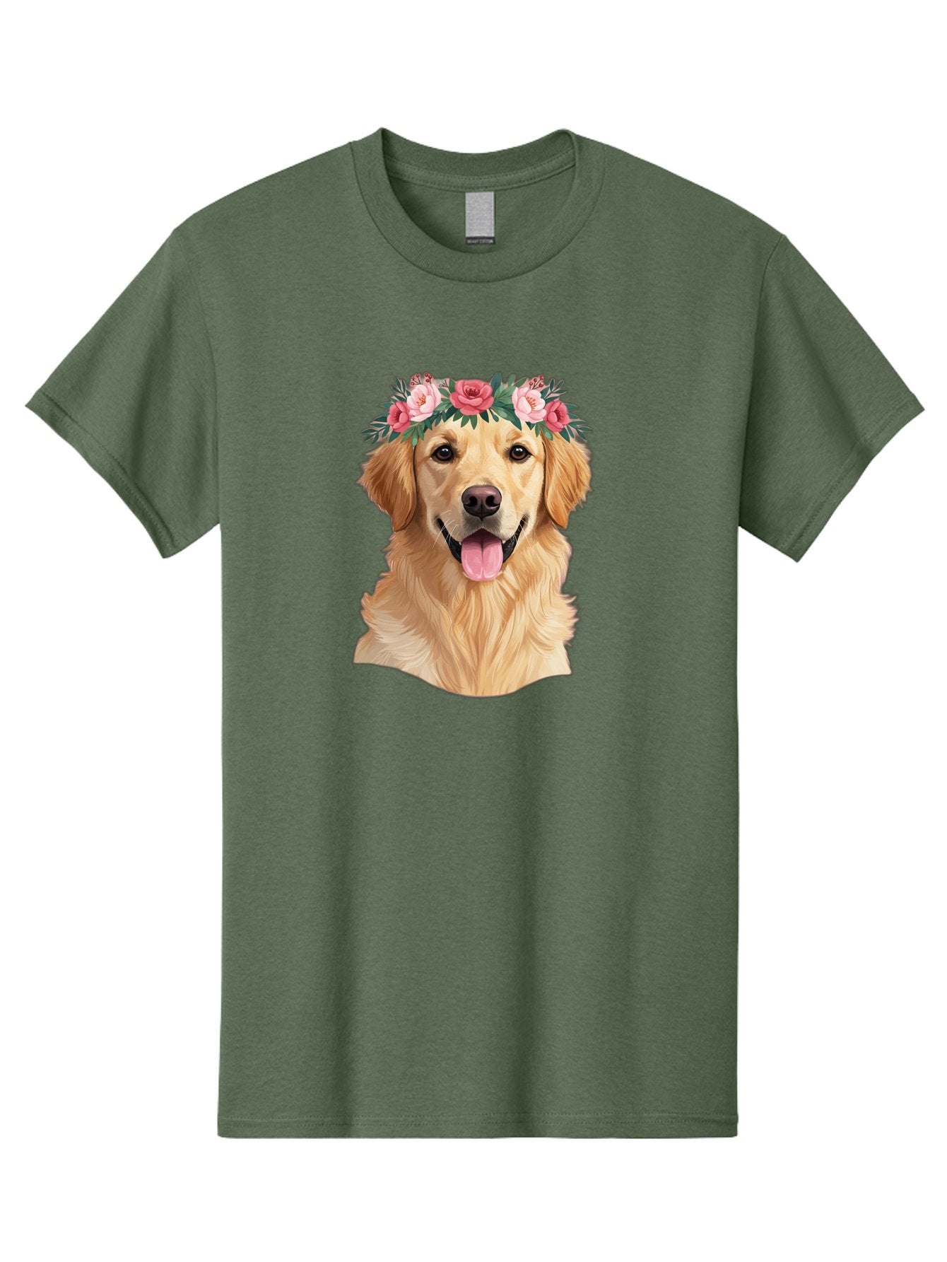 Golden-Retriever-With-Flowers Men'S Graphic Tee, 100% Cotton, Comfortable Casual Summer Wear, Machine Washable, Golden Retriever, Floral Crown, Pink Roses, Happy Dog, Dog Portrait, Flower Wreath, Dog Illustration, Joyful Expression, Bac001