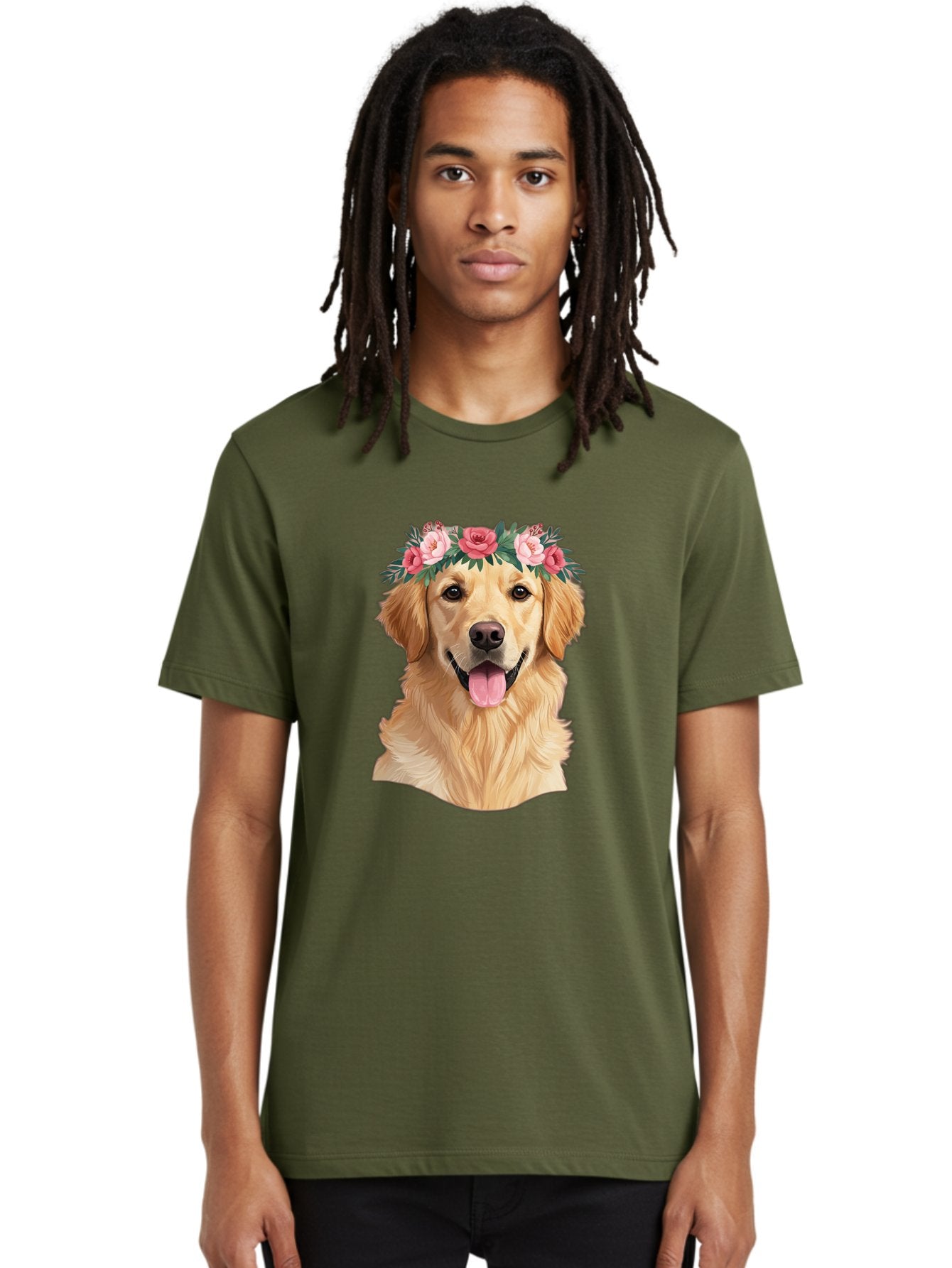 Golden-Retriever-With-Flowers Men'S Graphic Tee, 100% Cotton, Comfortable Casual Summer Wear, Machine Washable, Golden Retriever, Floral Crown, Pink Roses, Happy Dog, Dog Portrait, Flower Wreath, Dog Illustration, Joyful Expression, Bac001 21